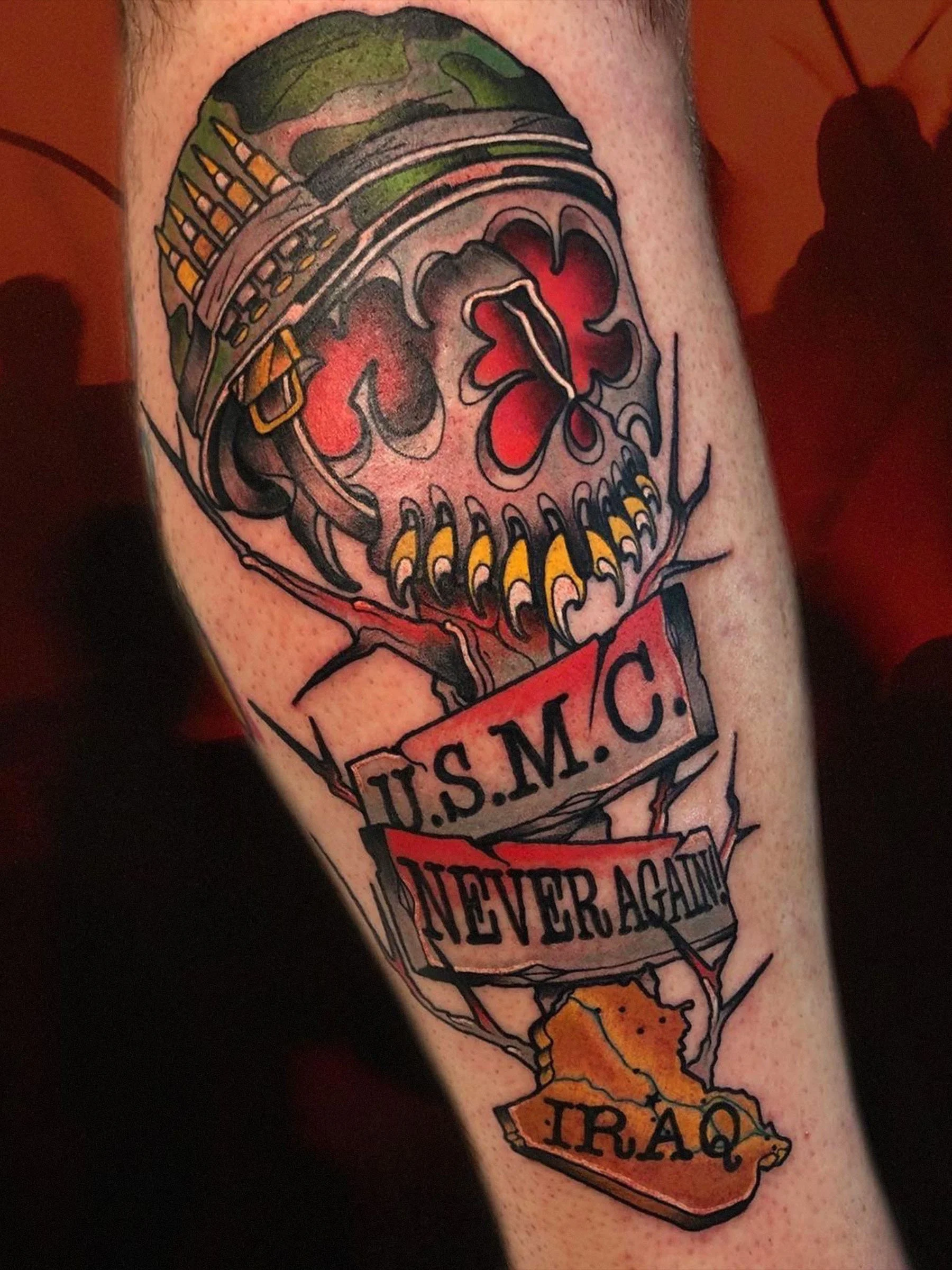 Military memorial skull tattoo honoring Iraq service by Shane Klos in Evansville, Indiana