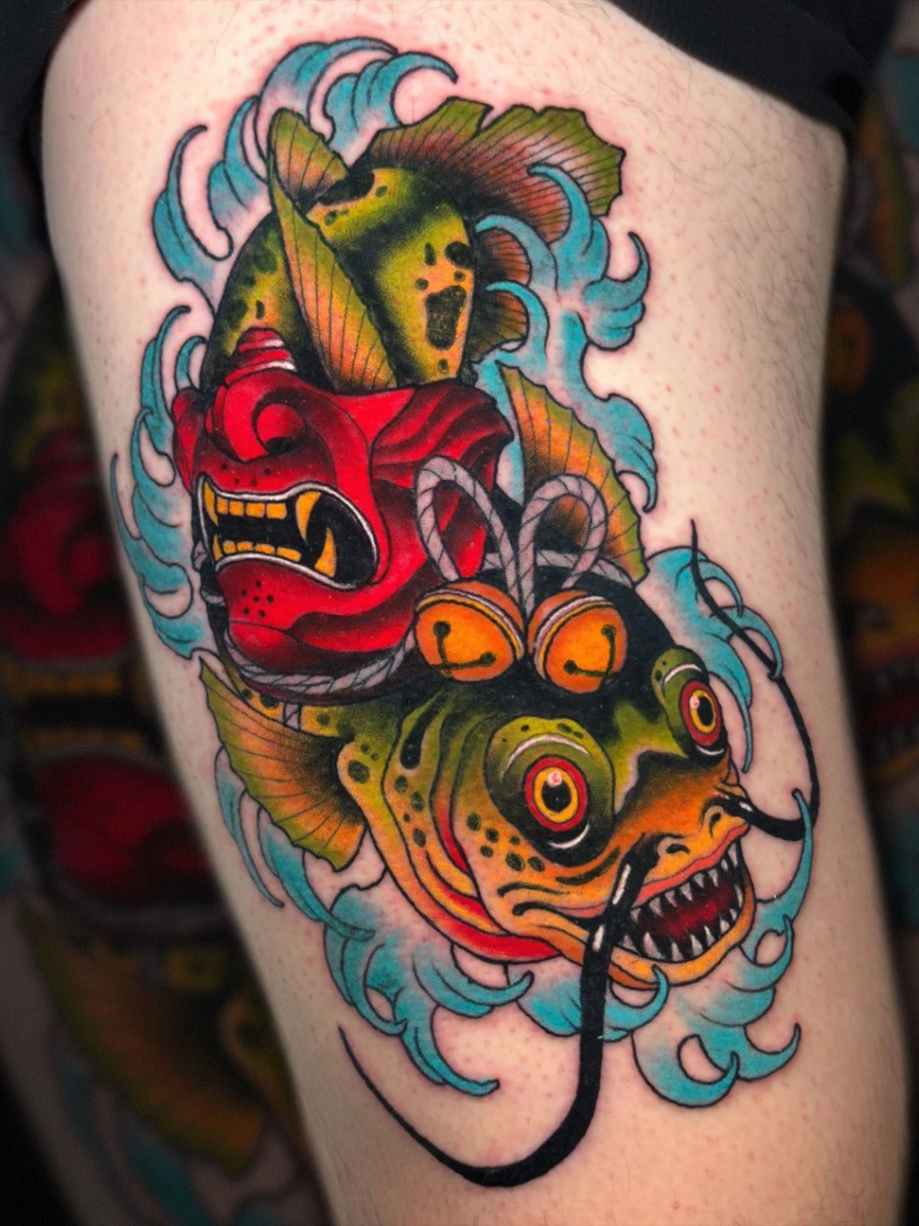 Japanese Namazu catfish and oni mask neo traditional tattoo by Shane Klos in Evansville, Indiana