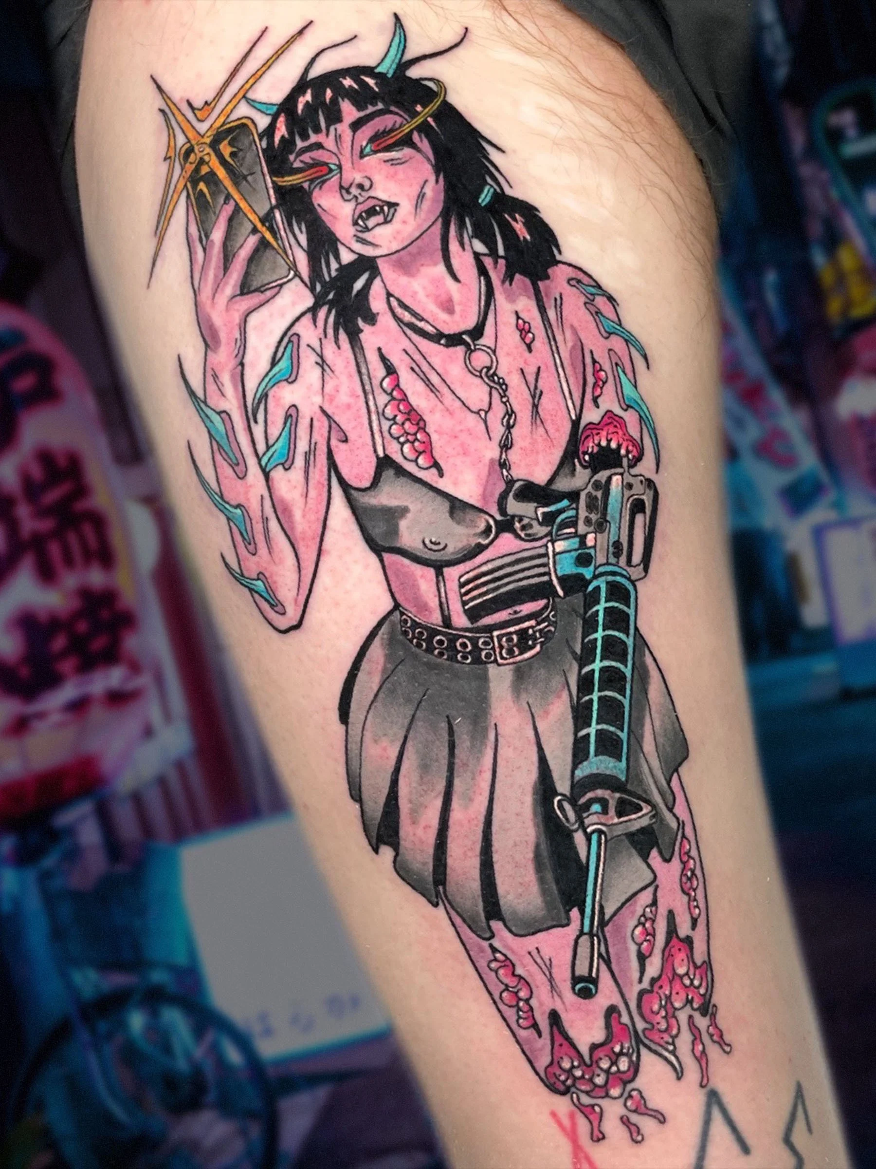 Cyber goth girl tattoo with rifle and horror sci-fi elements, neo-traditional style tattoo by Shane Klos in Evansville, Indiana.