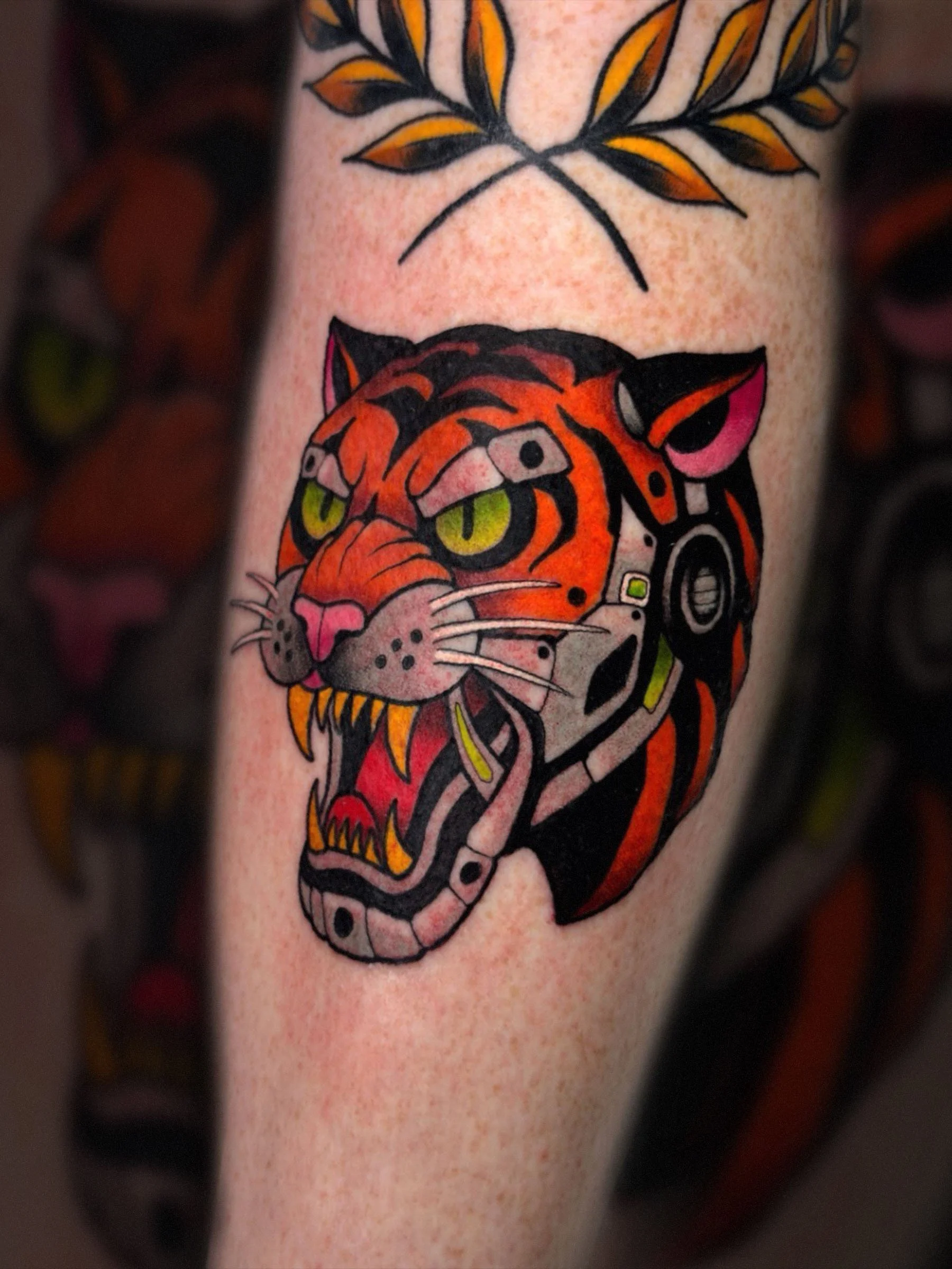 Cyber tiger head tattoo with mechanical details by Evansville tattoo artist Shane Klos