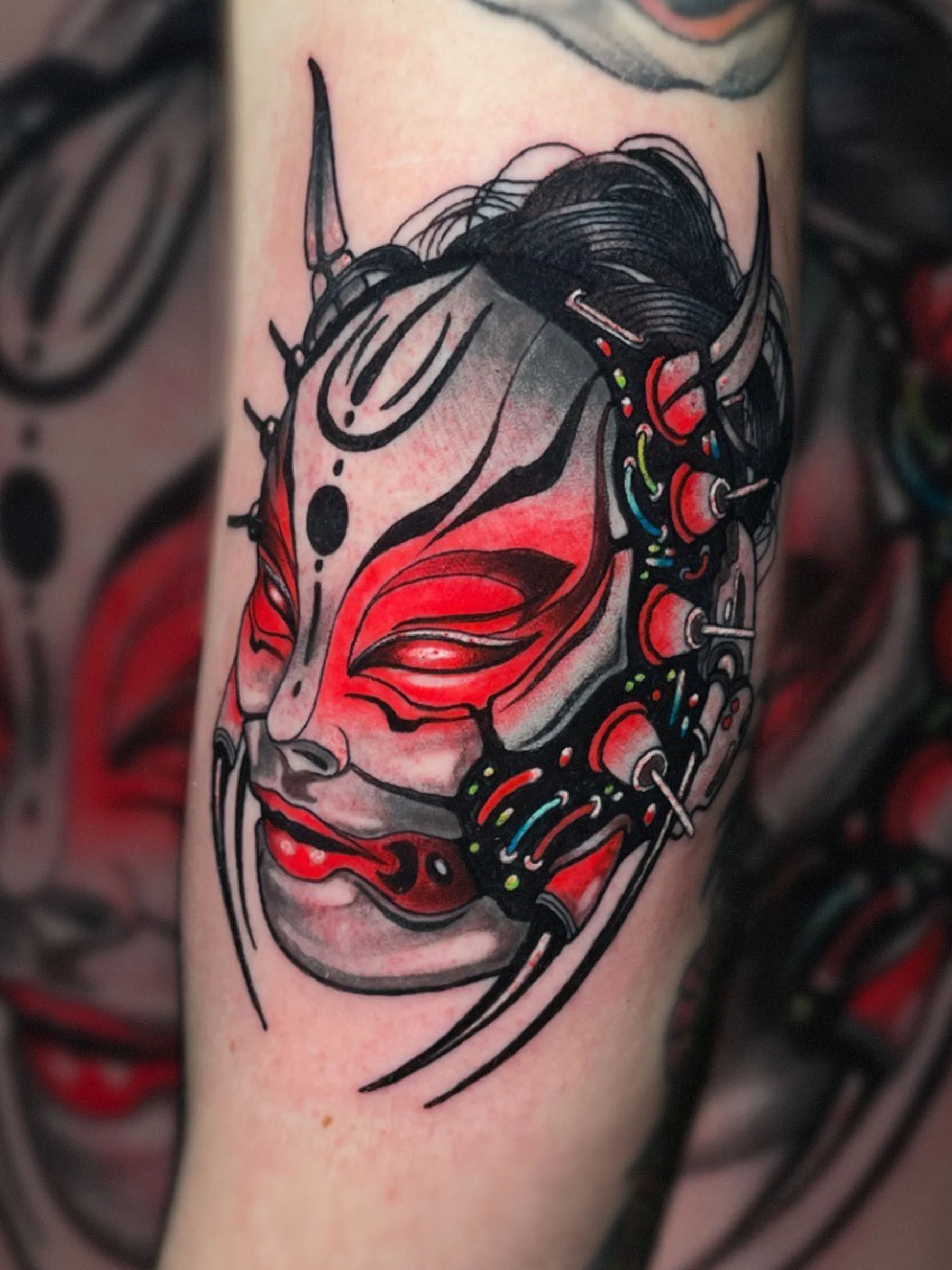 Cyber oni mask Japanese neo traditional tattoo by Evansville Indiana tattoo artist Shane Klos