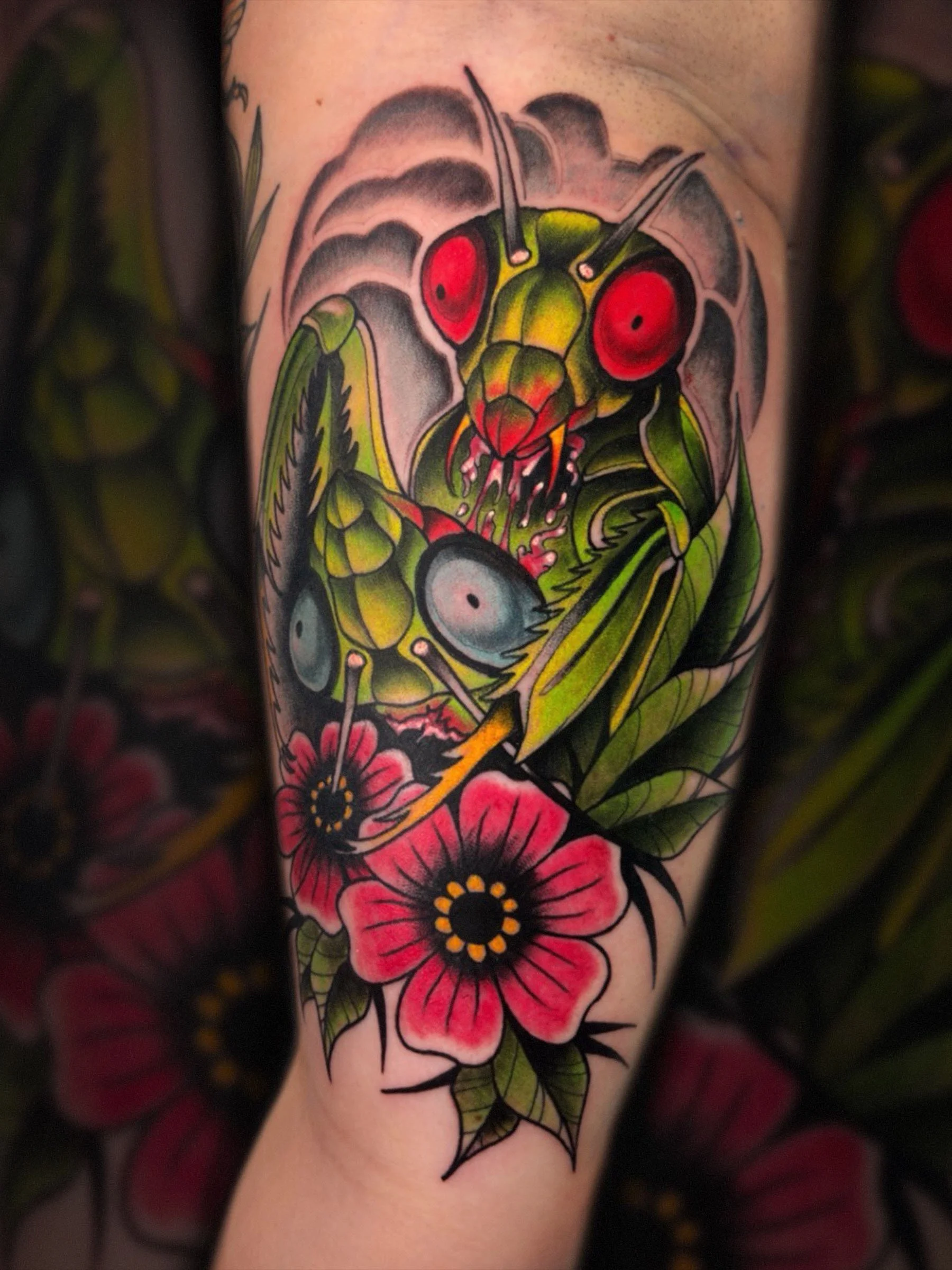 Praying mantis and flower neo traditional tattoo by Shane Klos in Evansville, Indiana