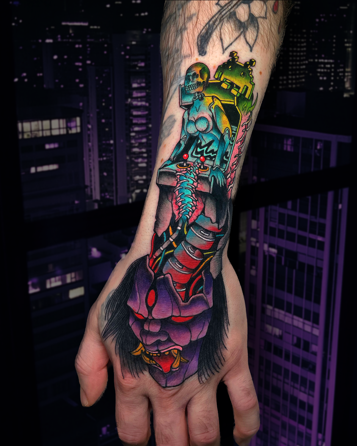 Cyberpunk oni demon tattoo with arcade machine by Shane Klos, custom neo-traditional tattoo in Evansville Indiana by Shane Klos