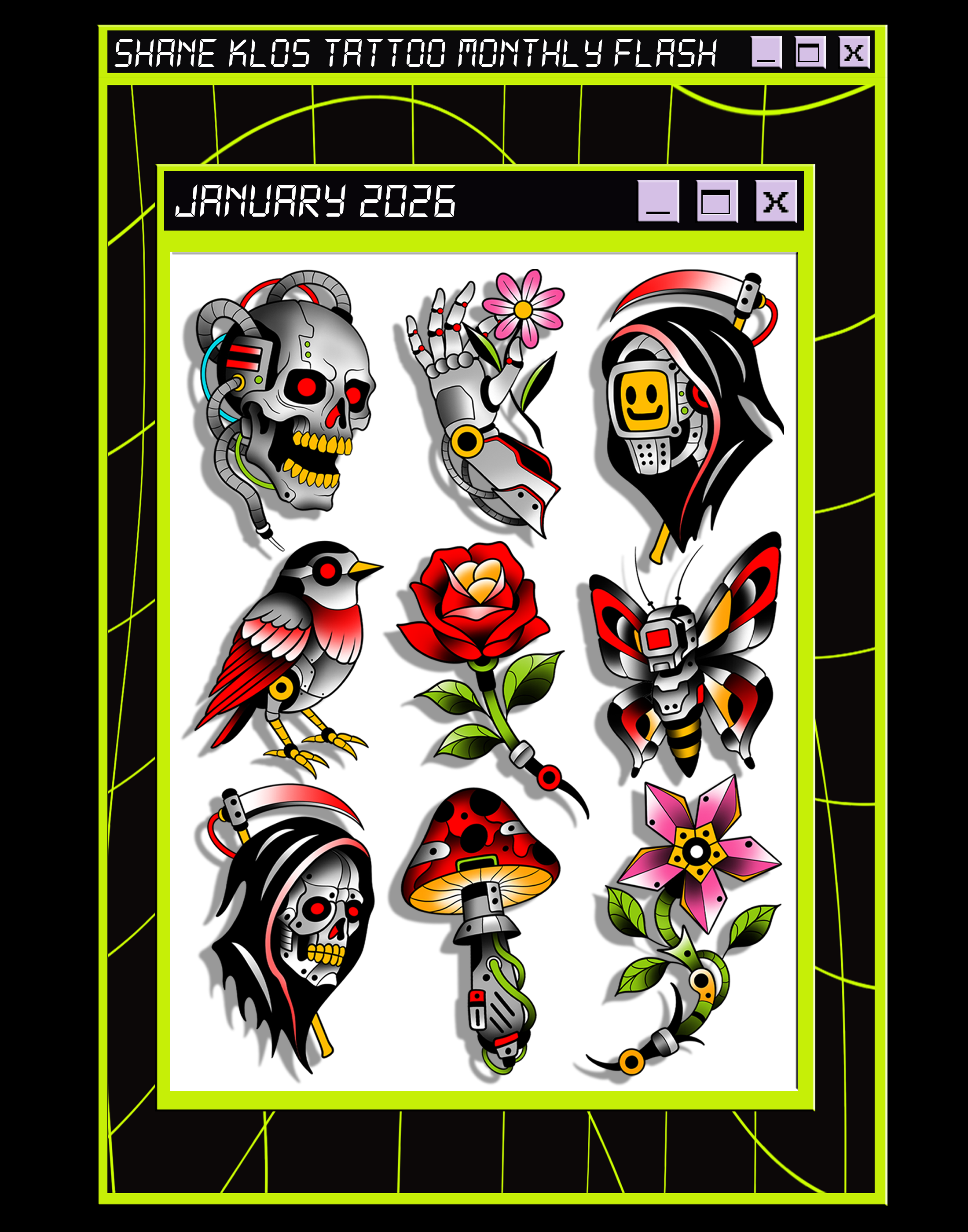 JANUARY 2026 TATTOO FLASH SHEET – SHANE KLOS