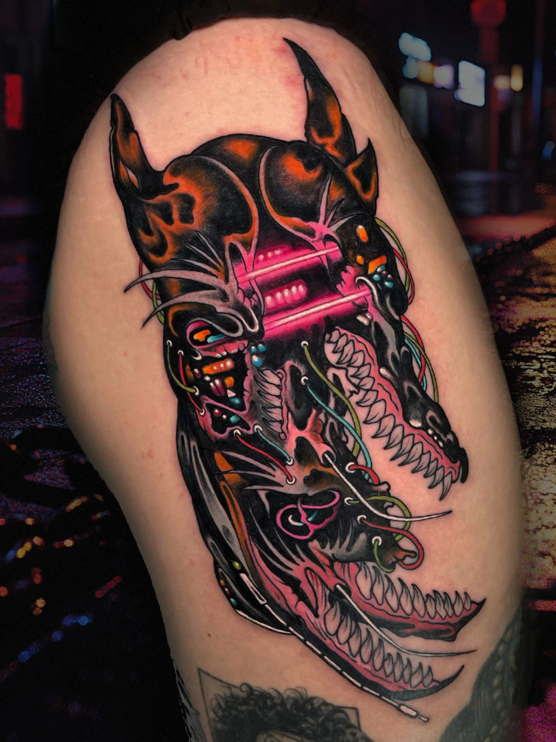 Cyber mutated doberman neo traditional tattoo by Evansville Indiana tattoo artist Shane Klos