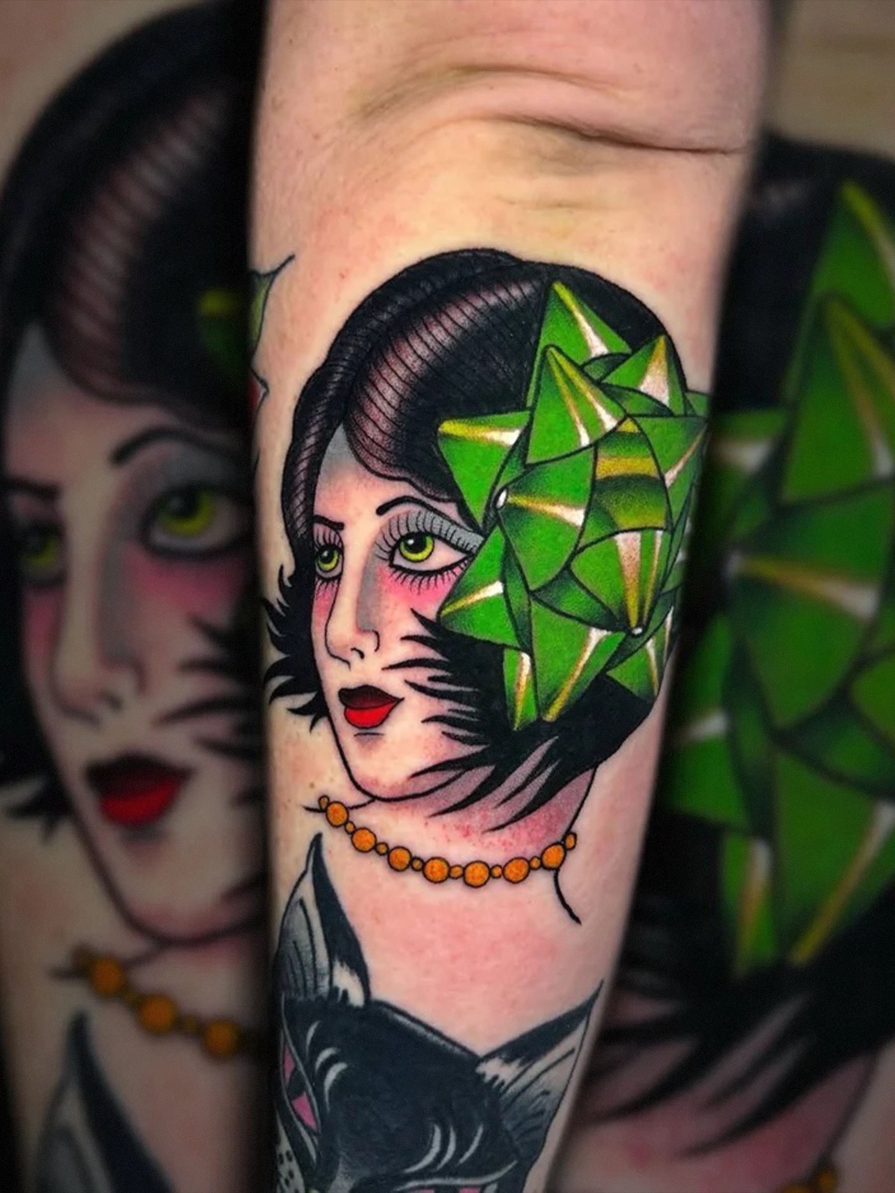 Neo traditional classic lady head tattoo with bow by Evansville Indiana tattoo artist Shane Klos