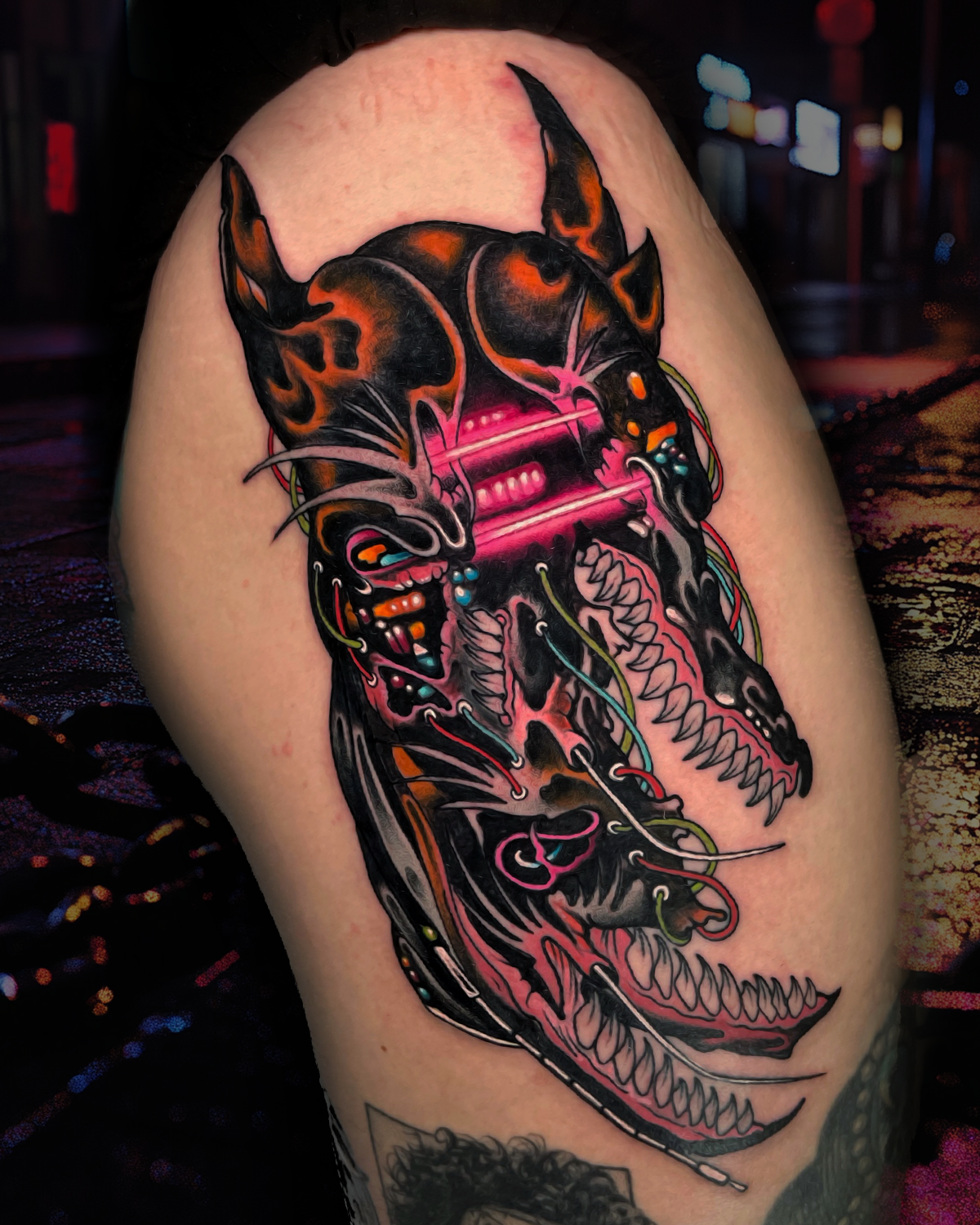 Neo-traditional cyberpunk Doberman tattoo by Shane Klos in Evansville Indiana, bold color horror inspired custom tattoo in Evansville, IN by Shane Klos