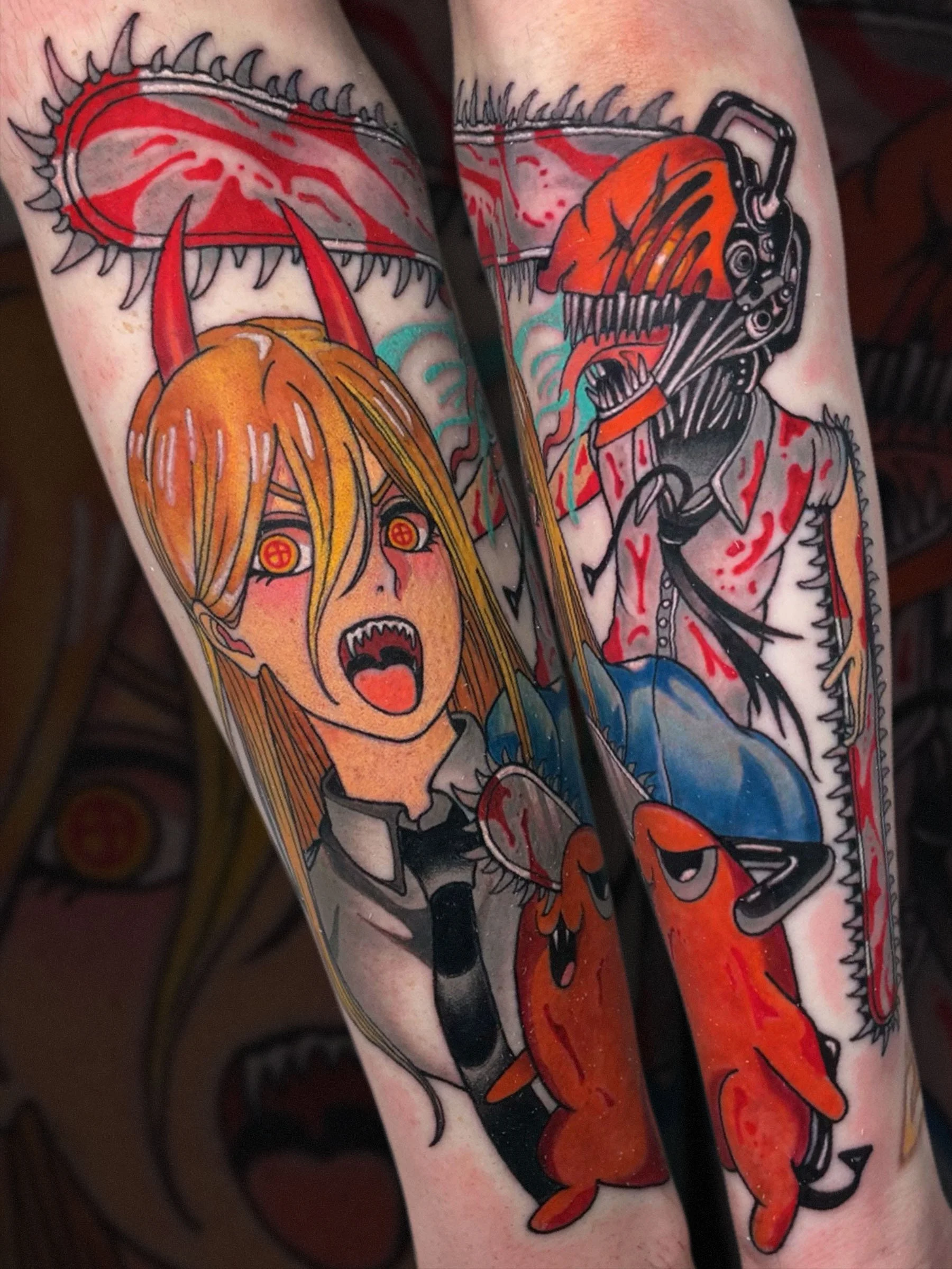 Anime-inspired Chainsaw Devil sleeve tattoo with bold color and horror detail, tattooed by Shane Klos in Evansville, Indiana.