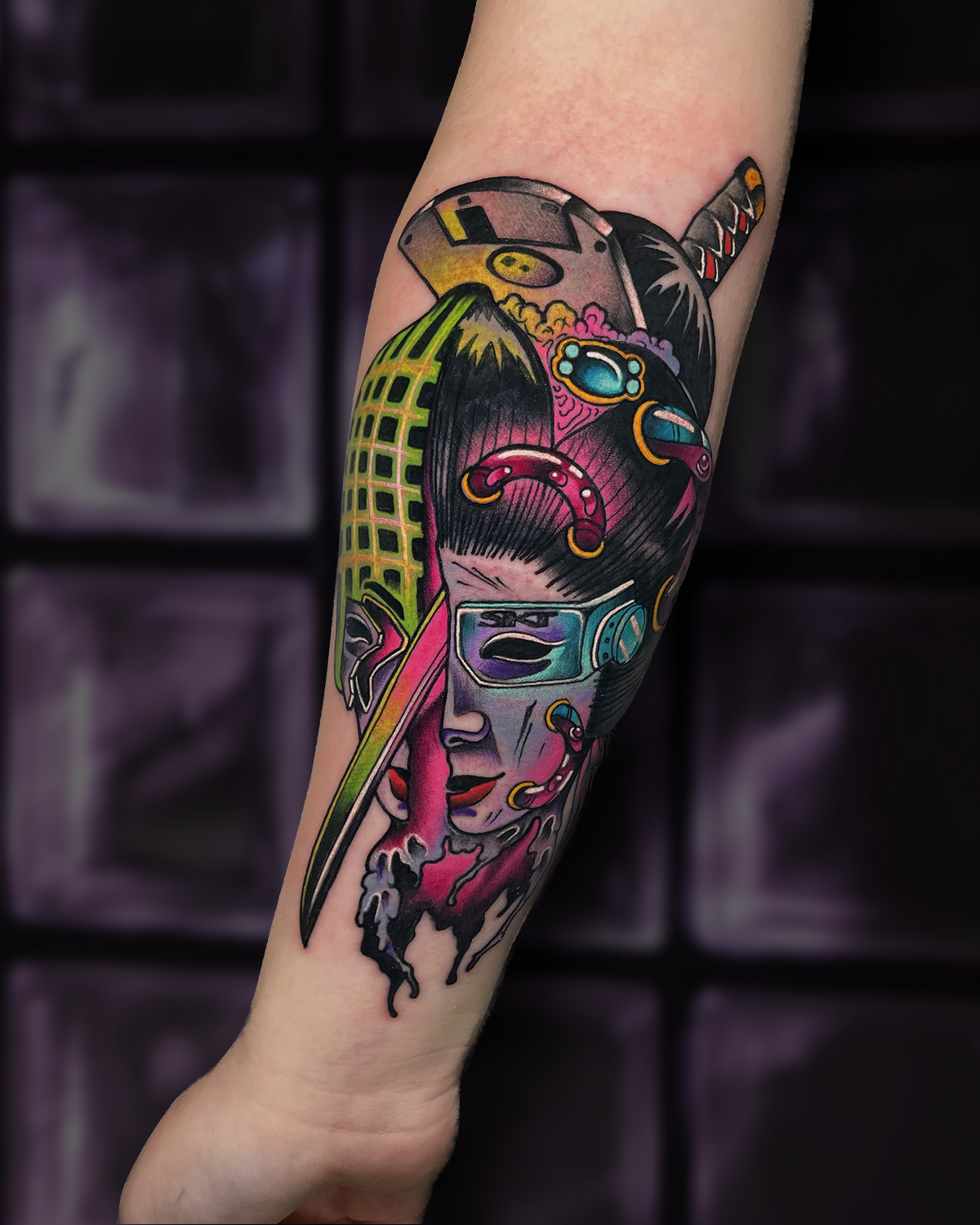 Neo-traditional cyber geisha tattoo by Evansville tattoo artist Shane Klos, bold color Japanese inspired tattoo design