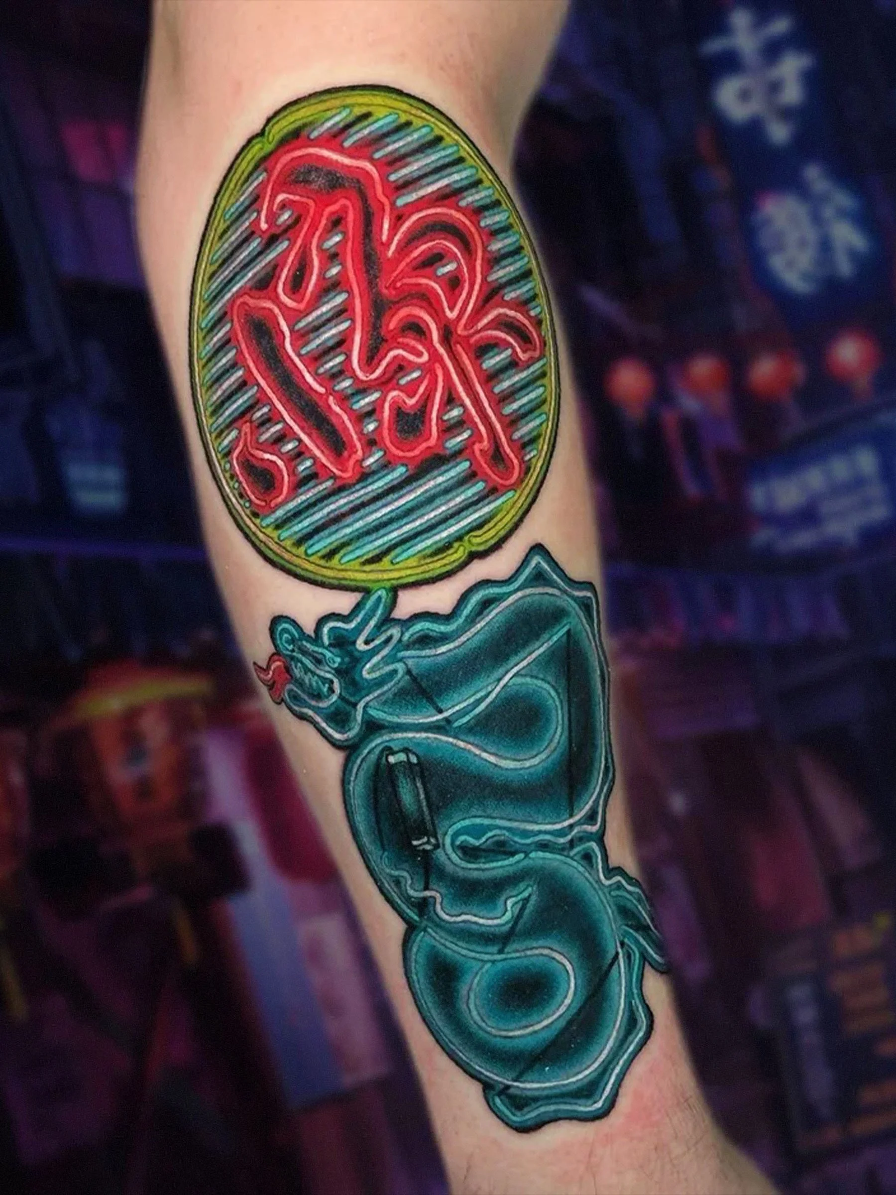 Neo-traditional cyberpunk dragon tattoo inspired by Blade Runner neon signage, tattooed in Evansville, Indiana by Shane Klos.