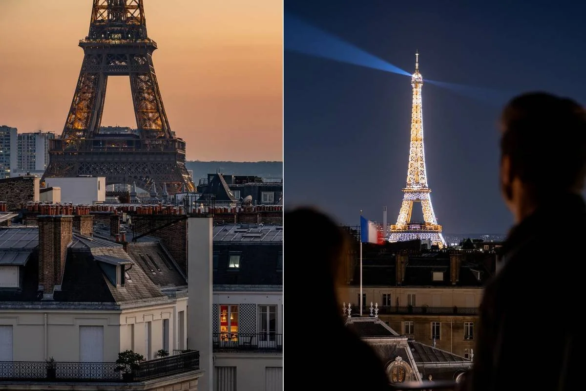 Aqua Kyoto Paris view of the eiffel tower above Champs Elysee