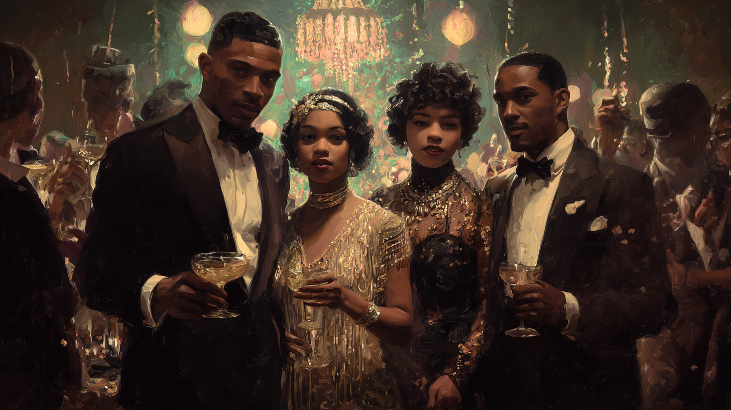 Four formally dressed adults stand close together at a crowded evening party, holding champagne glasses beneath warm lights, their expressions serious and unsmiling.
