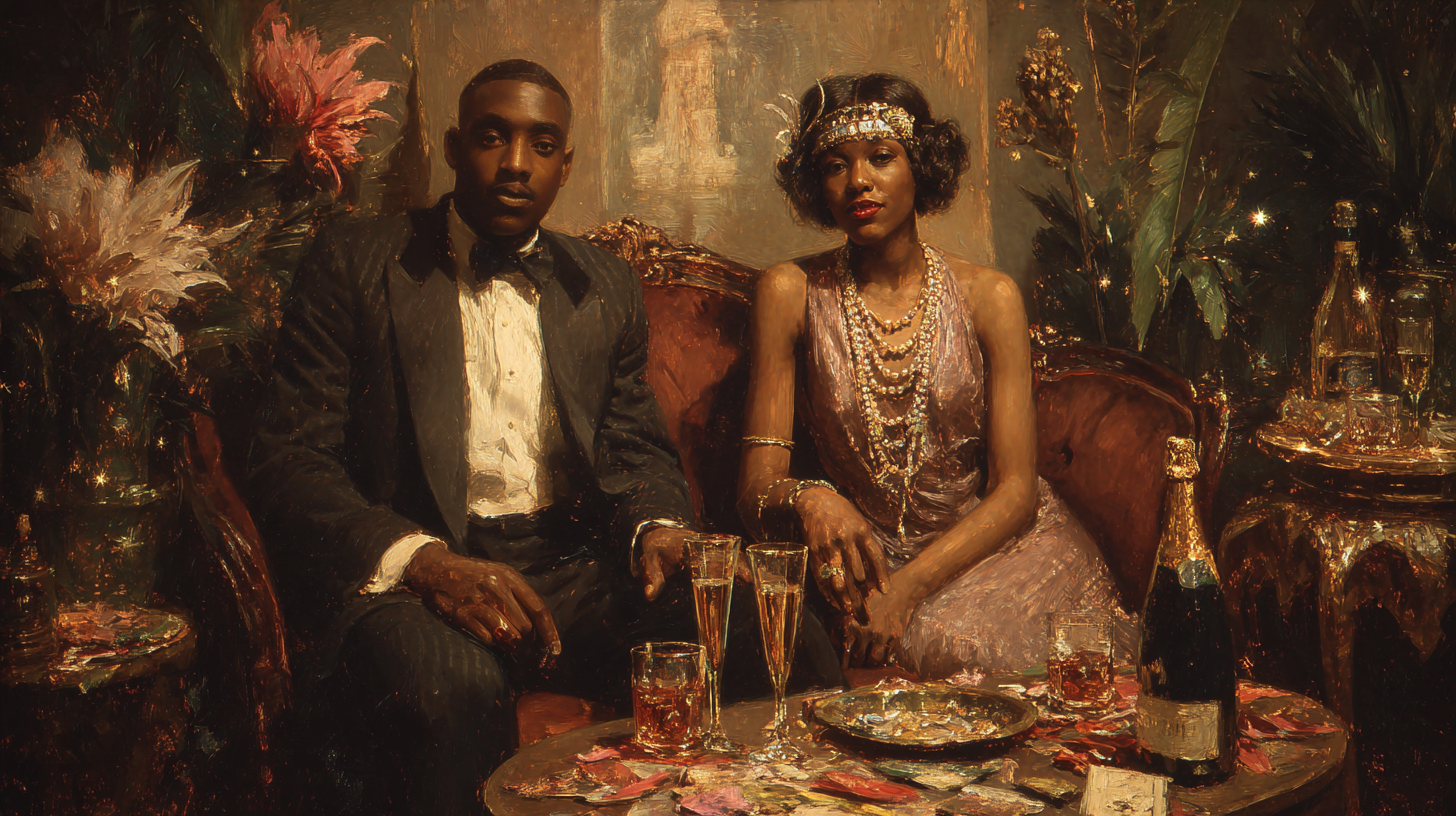 A well-dressed 1920s couple sits on a sofa beside a small table cluttered with champagne glasses and bottles, looking tired and unsmiling in a dimly lit room.