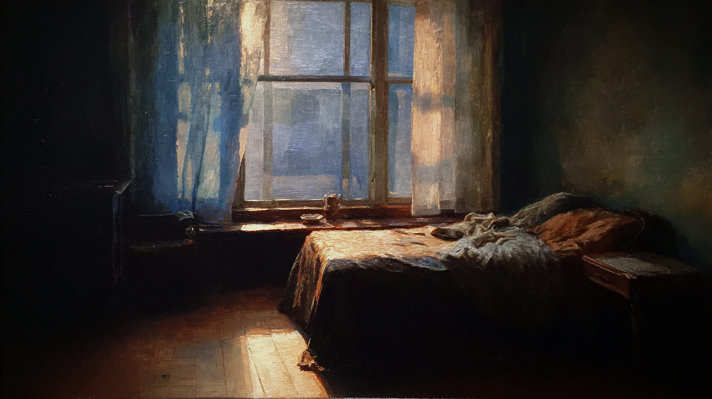 Early morning light filters through a window onto an unmade bed in a quiet room.