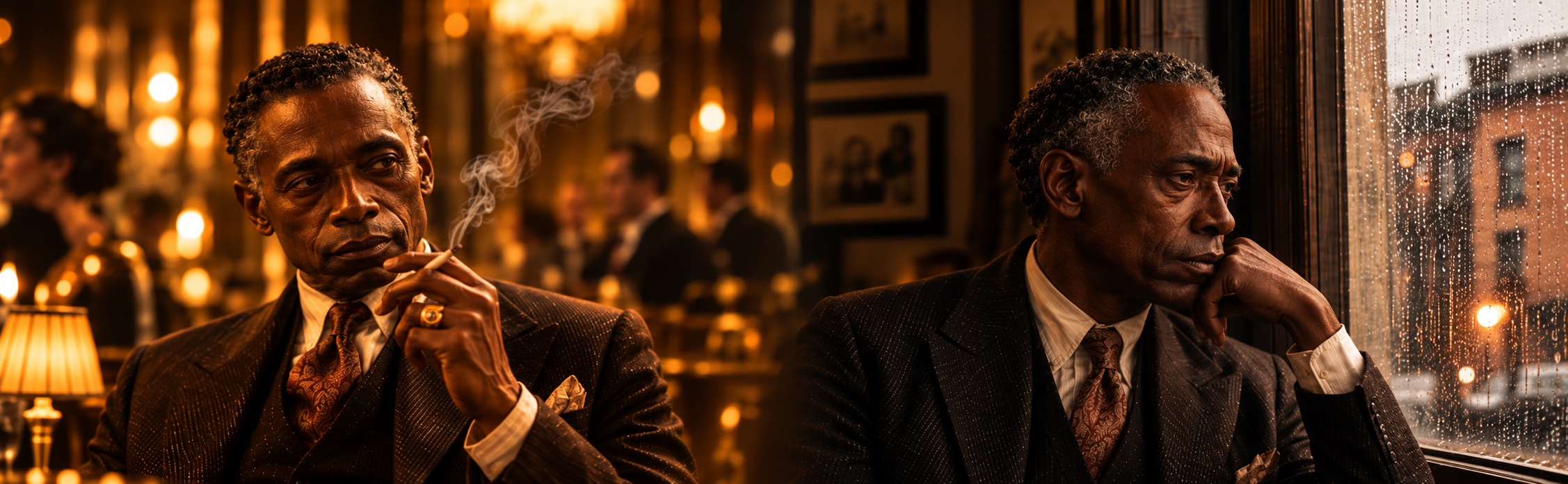 Split portrait of Everett Carlisle at two points in his life. At left, he is in his mid-fifties, elegantly dressed and smoking in the warm light of a Paris café. At right, he is a few years older, grayer and careworn, seated beside a New York window.