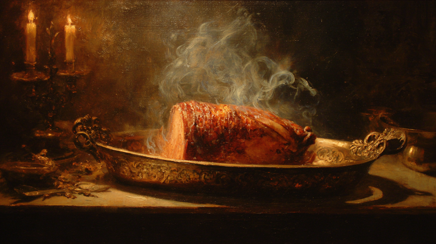 A pristine honey-glazed ham in an elegant roasting pan, but with wisps of smoke starting to curl from the edges. strong christmas-theme. Beautiful and ominous at once. Like a bad marriage--perfect on the surface, burning underneath.