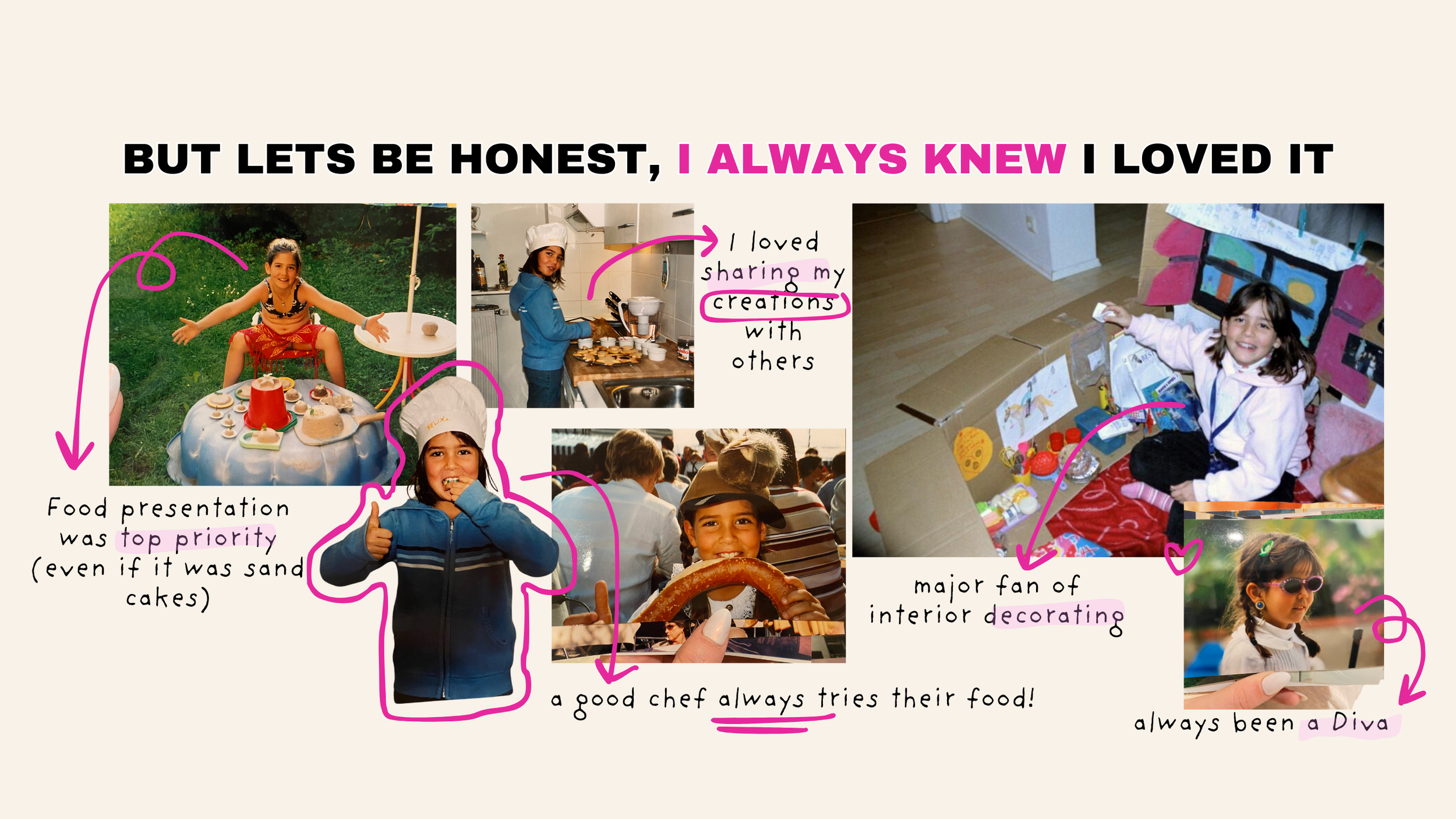 Collage of childhood photos showcasing a girl's love for cooking, food presentation, creativity, and style. Includes images of her playing with toy food, wearing a chef's hat, and crafting in a homemade space. Text annotations highlight her passion for sharing culinary creations, interior decorating, and fashion, accompanied by playful notes.