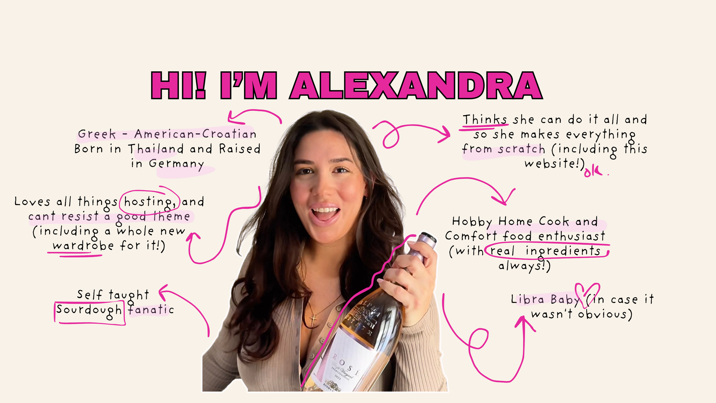 Woman holding a wine bottle with text about her interests and background. Header says "Hi! I'm Alexandra." Describes being Greek-American-Croatian, born in Thailand, raised in Germany. Mentions love for hosting, self-taught sourdough baking, hobby cooking with real ingredients, making things from scratch, and being a Libra.
