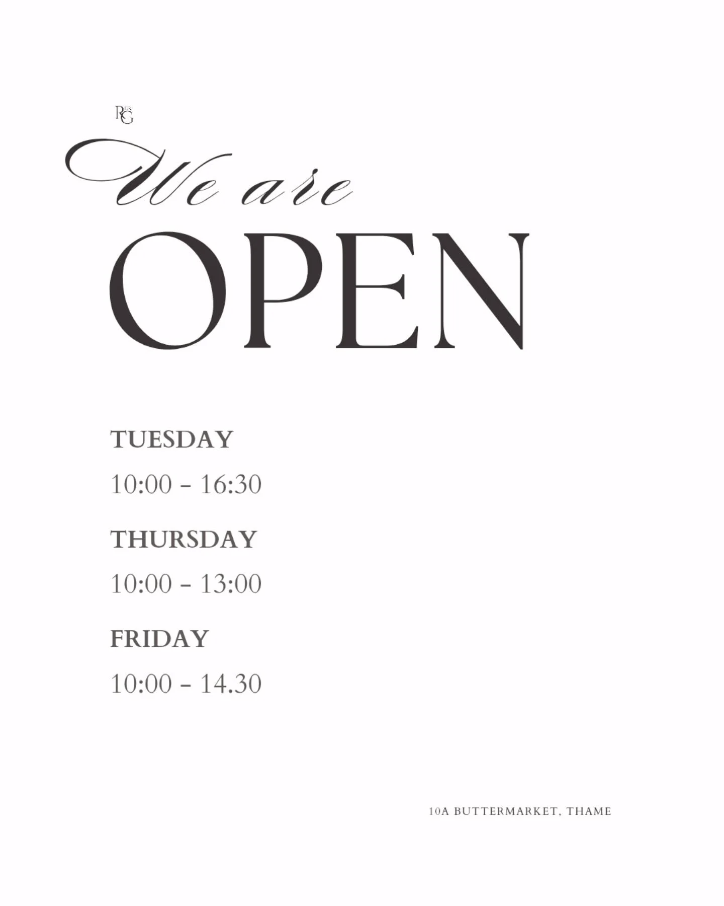 We are open:

Tuesday 10.00 - 16.30
Thursday 10.00 - 13.00
Friday 10- 14.30

10a Buttermarket, Thame.