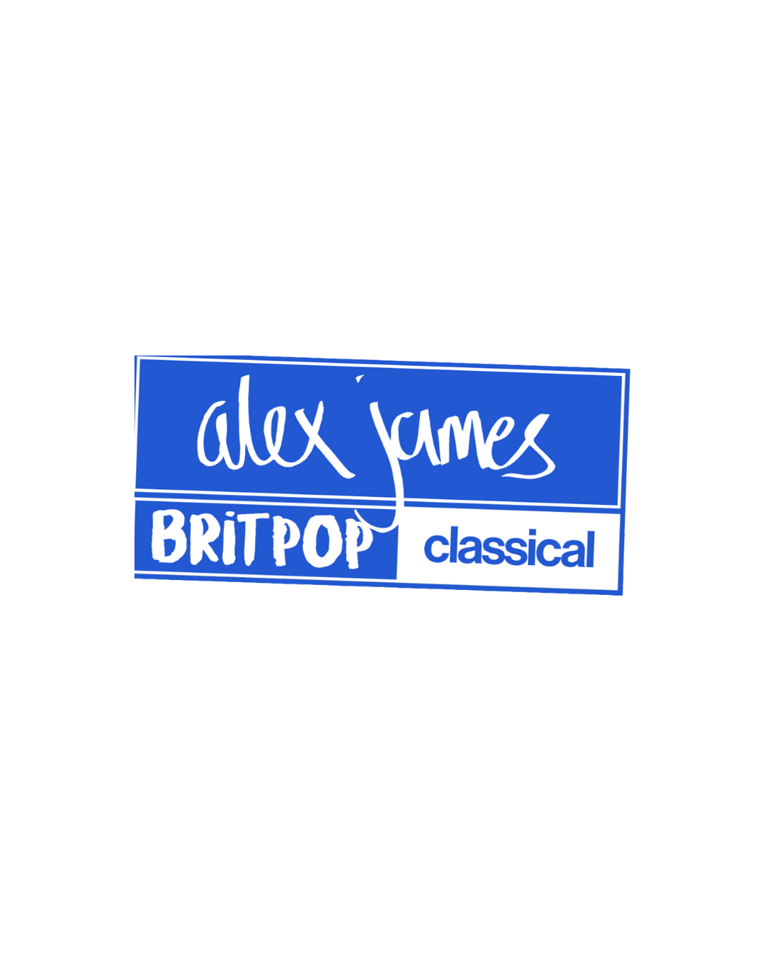 Concert promotional poster for Alex James' Britpop Classical music performance with a blue and white design.