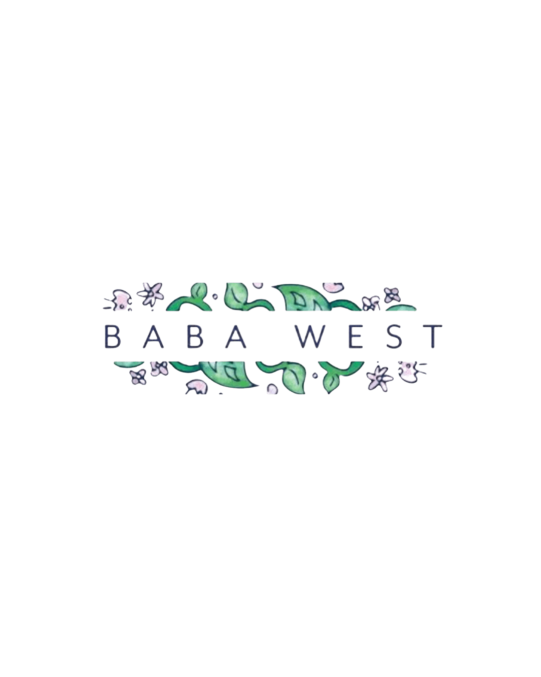 Logo with the text 'BABA WEST' surrounded by green leaves and small flowers on a black background.