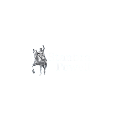 Logo with a silver horse and rider next to the text 'Stanbra Powell' in white on a black background.