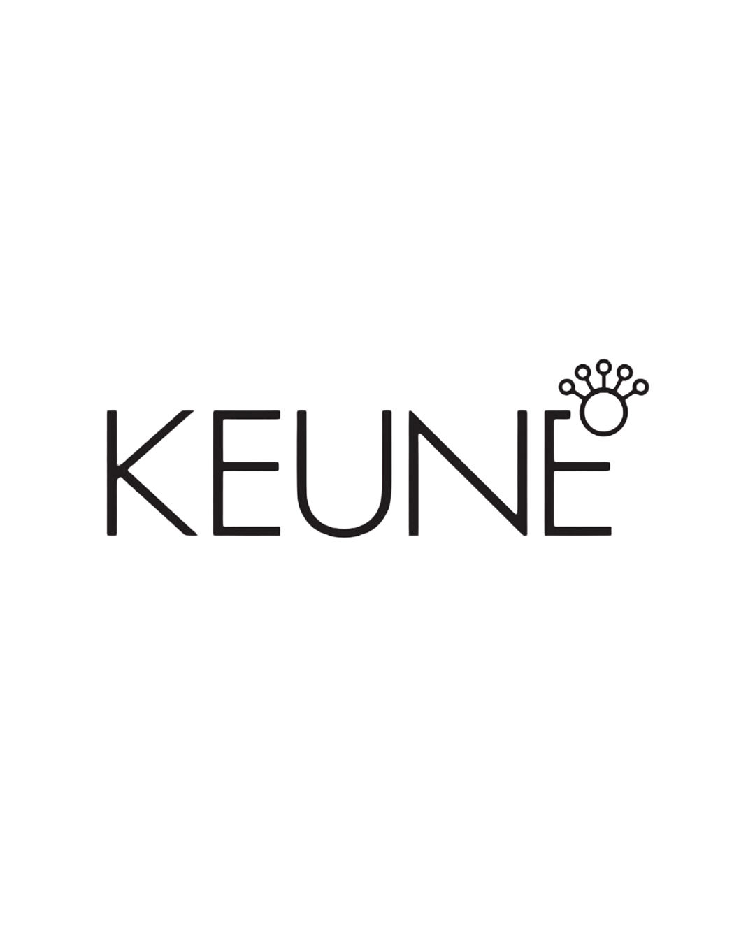 Black background with the text 'KEUNE' in large, thin, capital letters, and a small circular logo with several small circles extending outward to the upper right of the 'E' in 'KEUNE'.