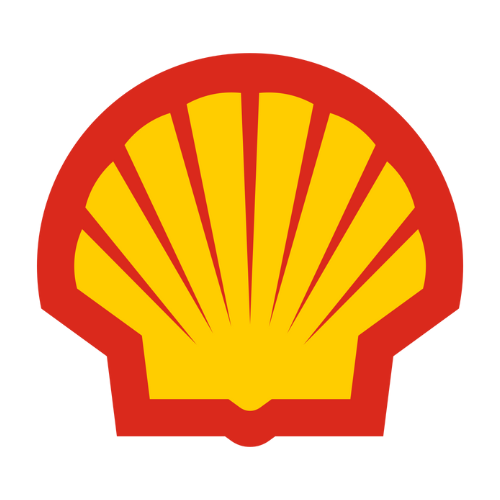 Shell logo with a yellow scallop shell inside a red outline.