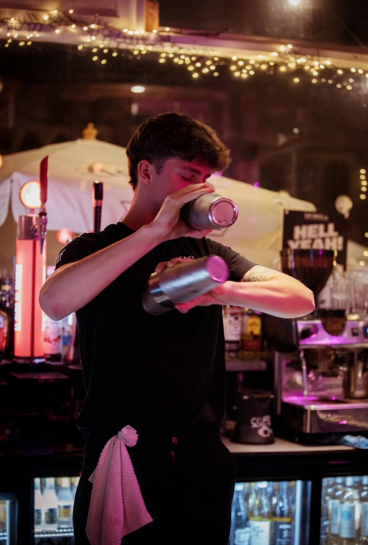 waiter shaking cocktails behind bar