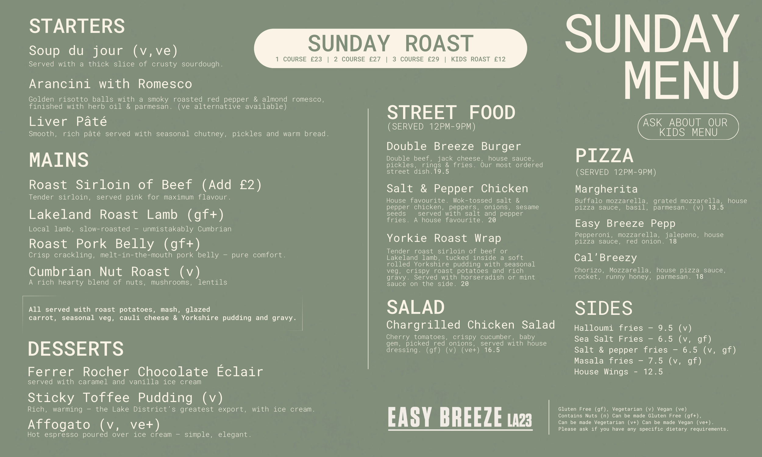 the easy breeze Sunday menu