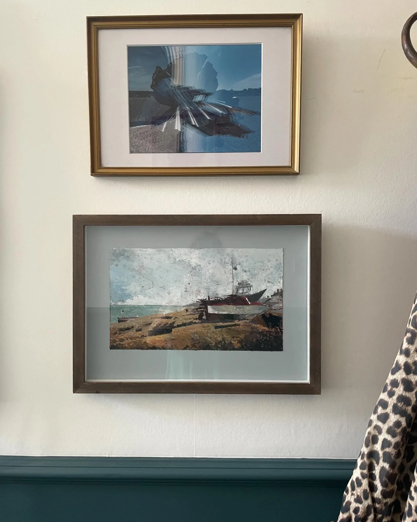 Aldeburgh montage now hanging happily in the hall. The photograph is of the famous scallop shell by the amazing Maggie Hambling, taken by Dom&rsquo;s talented mother @ellencelia7 The painting depicts the boats further along the shore near town centre