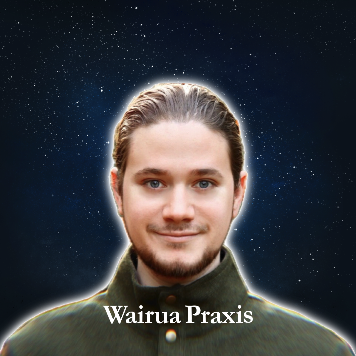 Porträt eines Mannes vor einem Sternenhimmel mit dem Text 'Wairua Praxis' darunter.