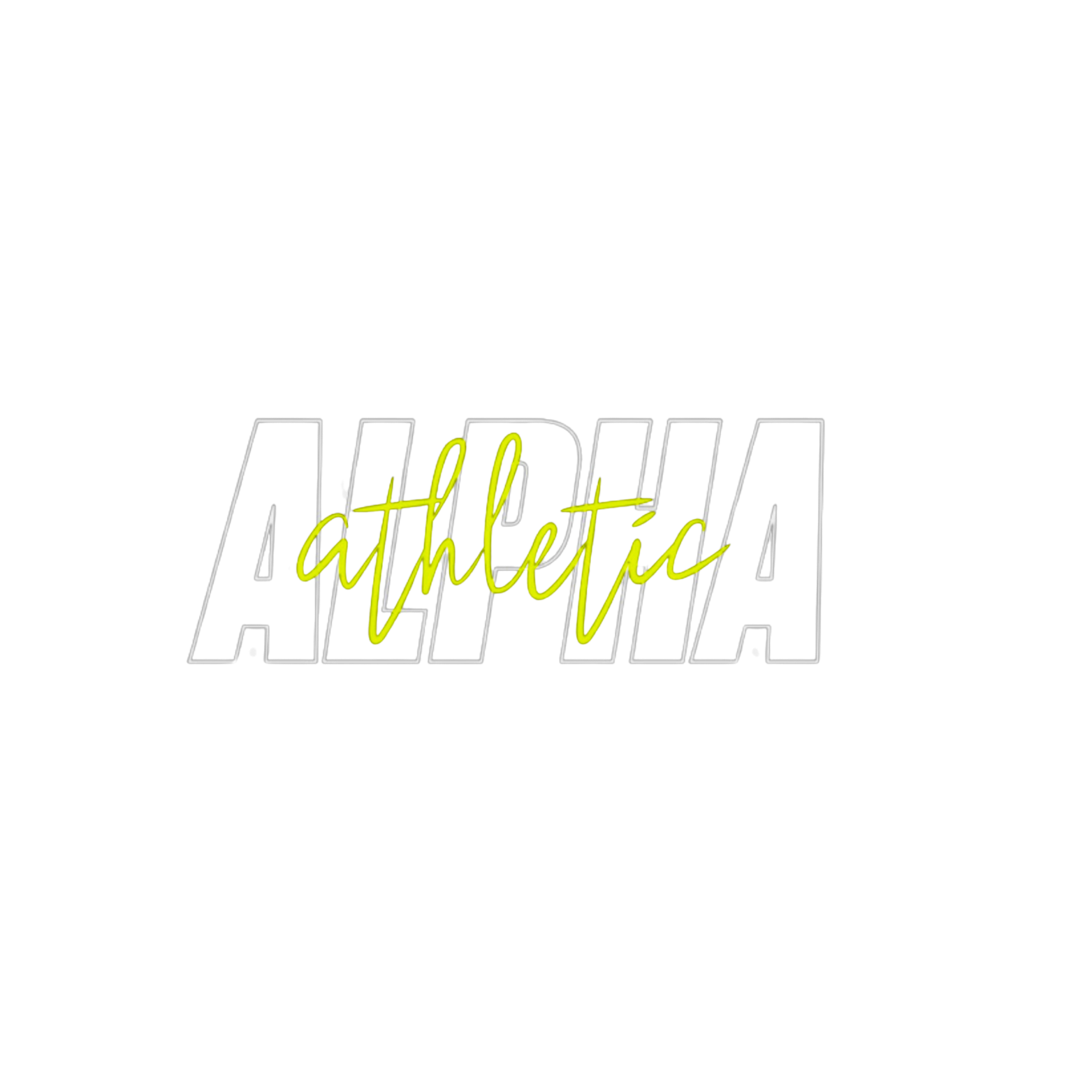 A logo that says ALPHA in a white outline and 'athletic' in a neon scral over the top.