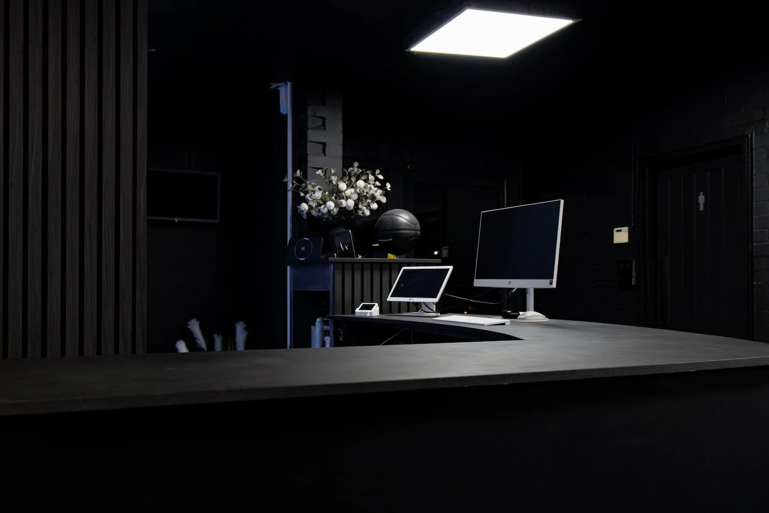 Dark office desk with computer monitor, keyboard, and small monitor, decorated with flowers and a medicine ball on shelves