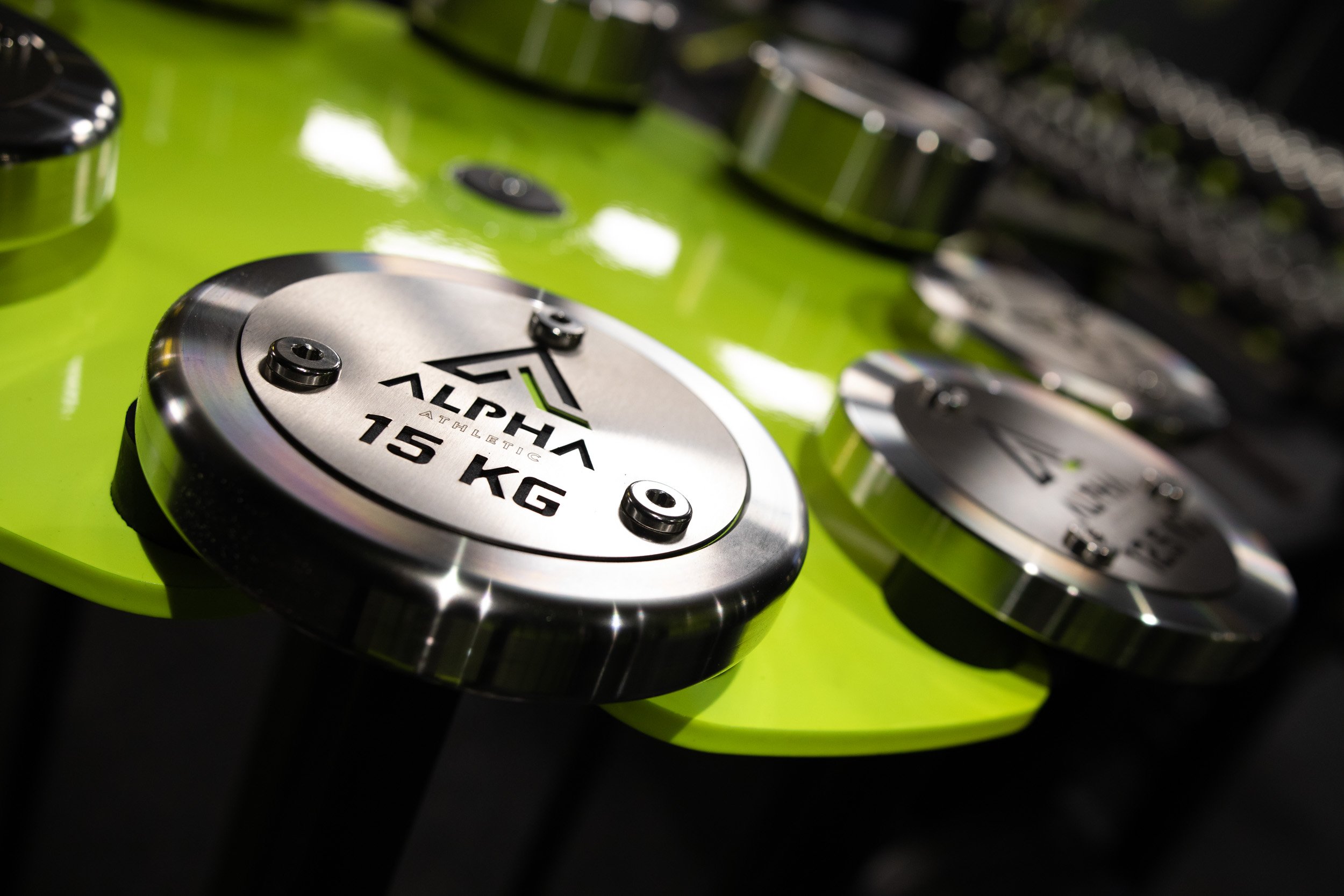 A silver rotating weight rack at Alpha Athletic