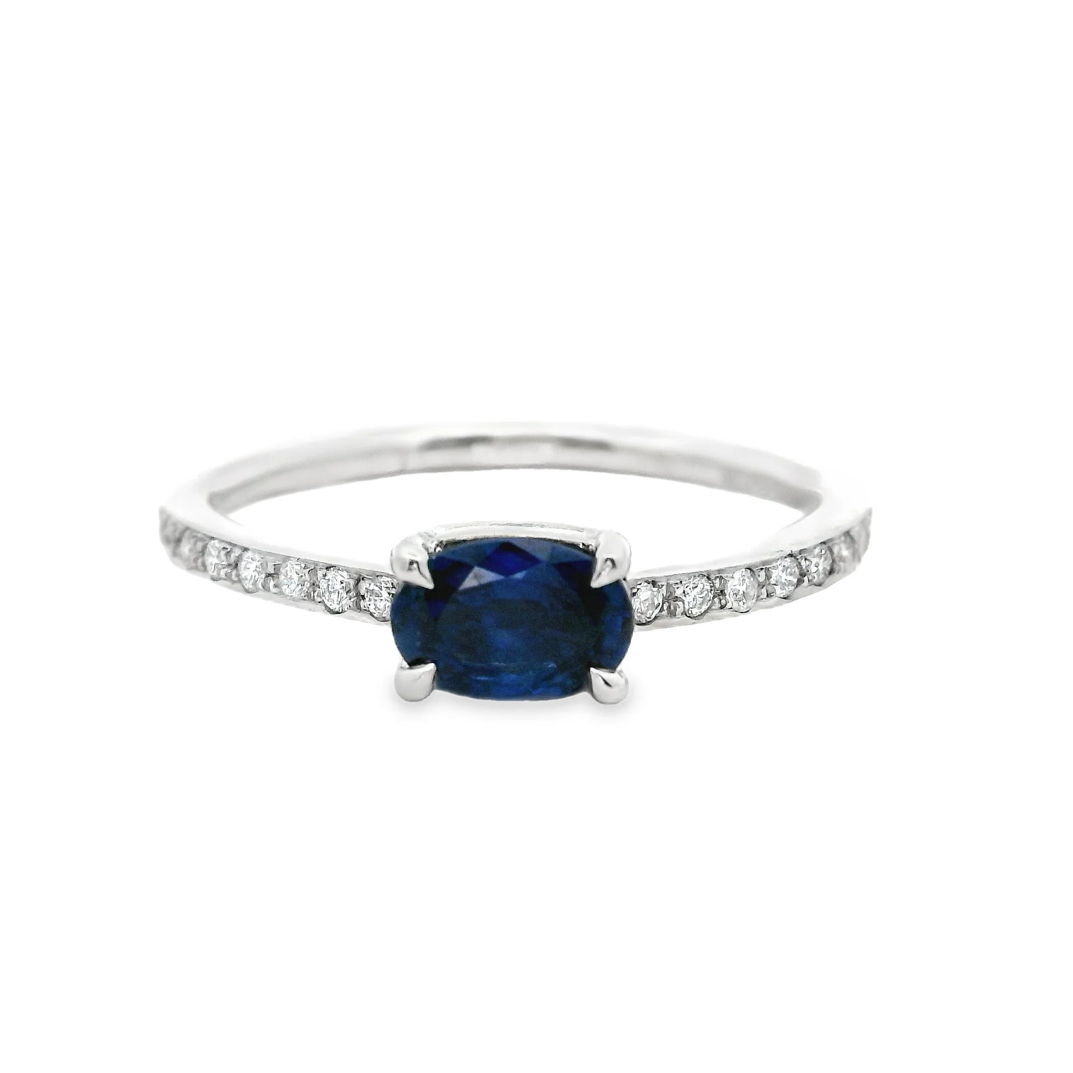Platinum Claw Set East-West Oval Sapphire Single stone Ring, with Diamond Shoulders