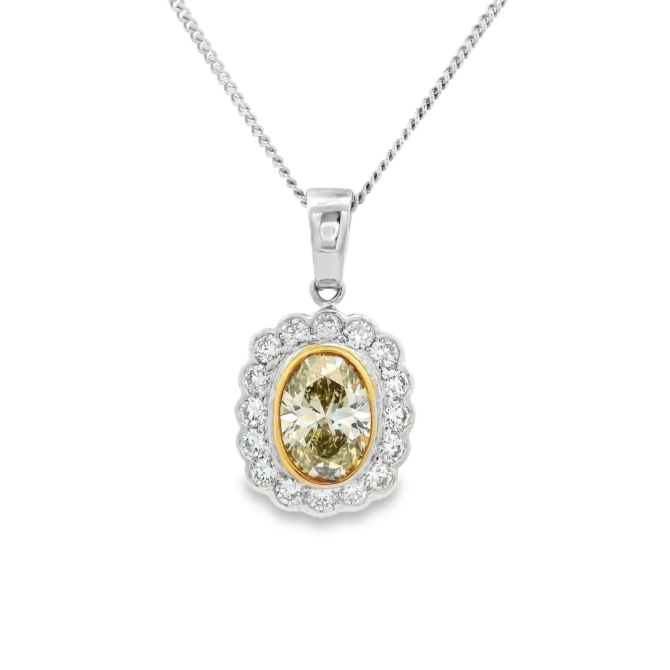 18ct White & Yellow Gold Bezel Set Oval Fancy Yellow Diamond Cluster Pendant