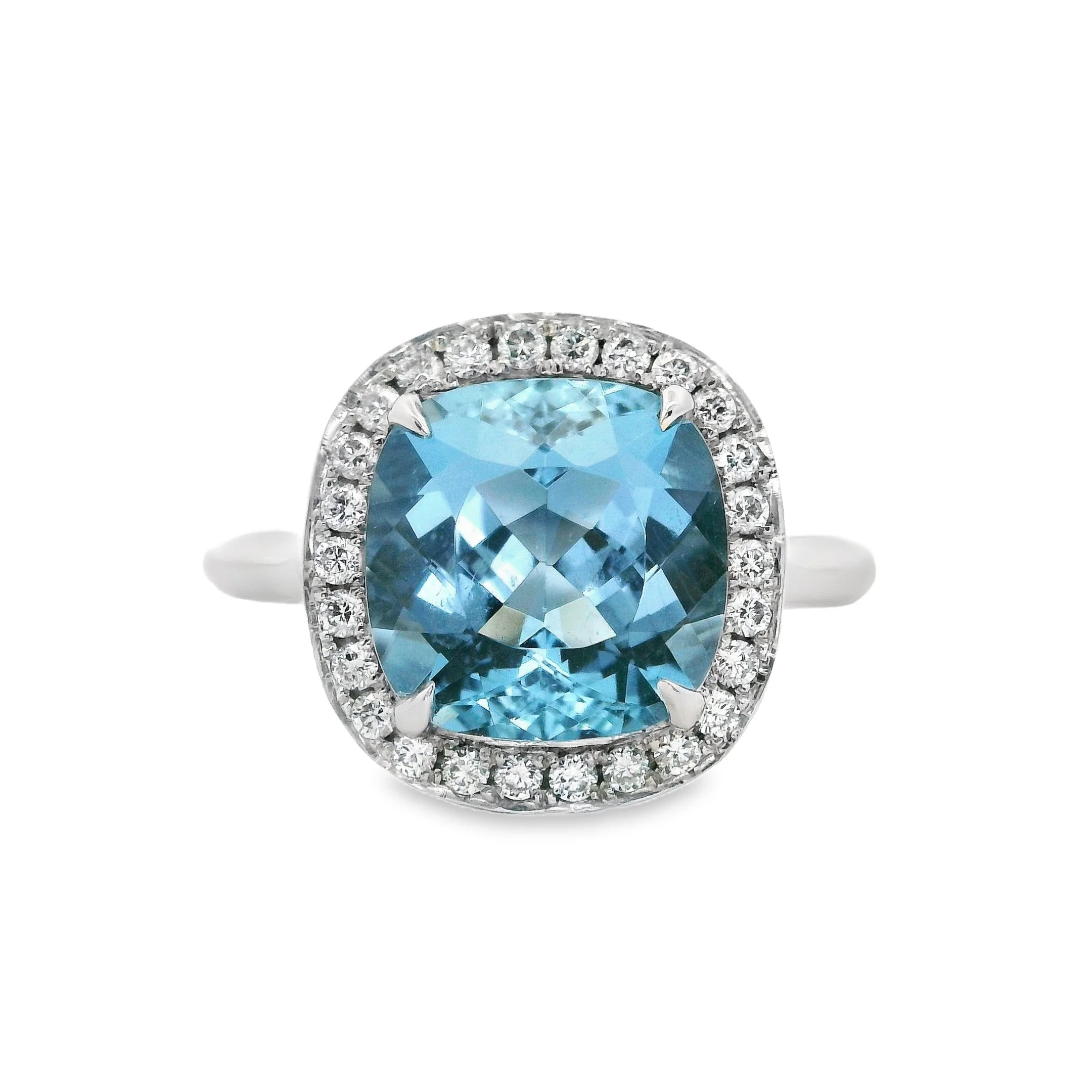 Platinum Claw Set Cushion Aquamarine & Diamond Halo Ring