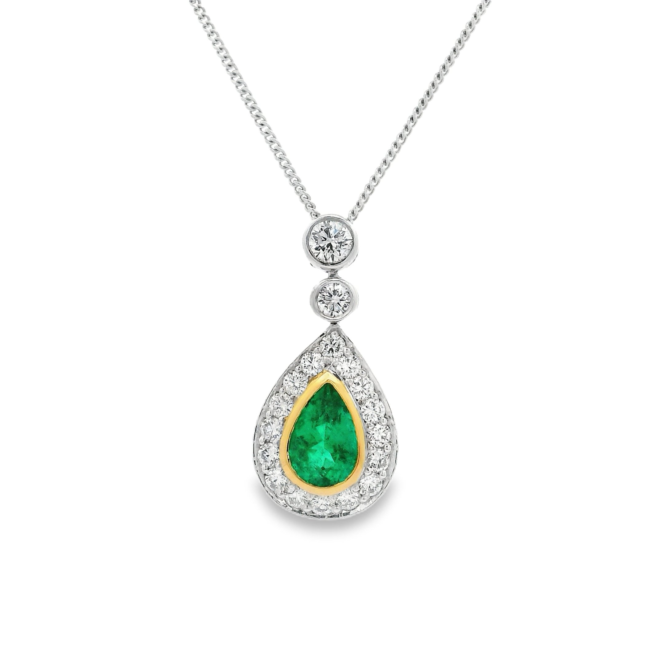 18ct White & Yellow Gold Bezel Set Pear Shape Emerald & Diamond Halo Pendant