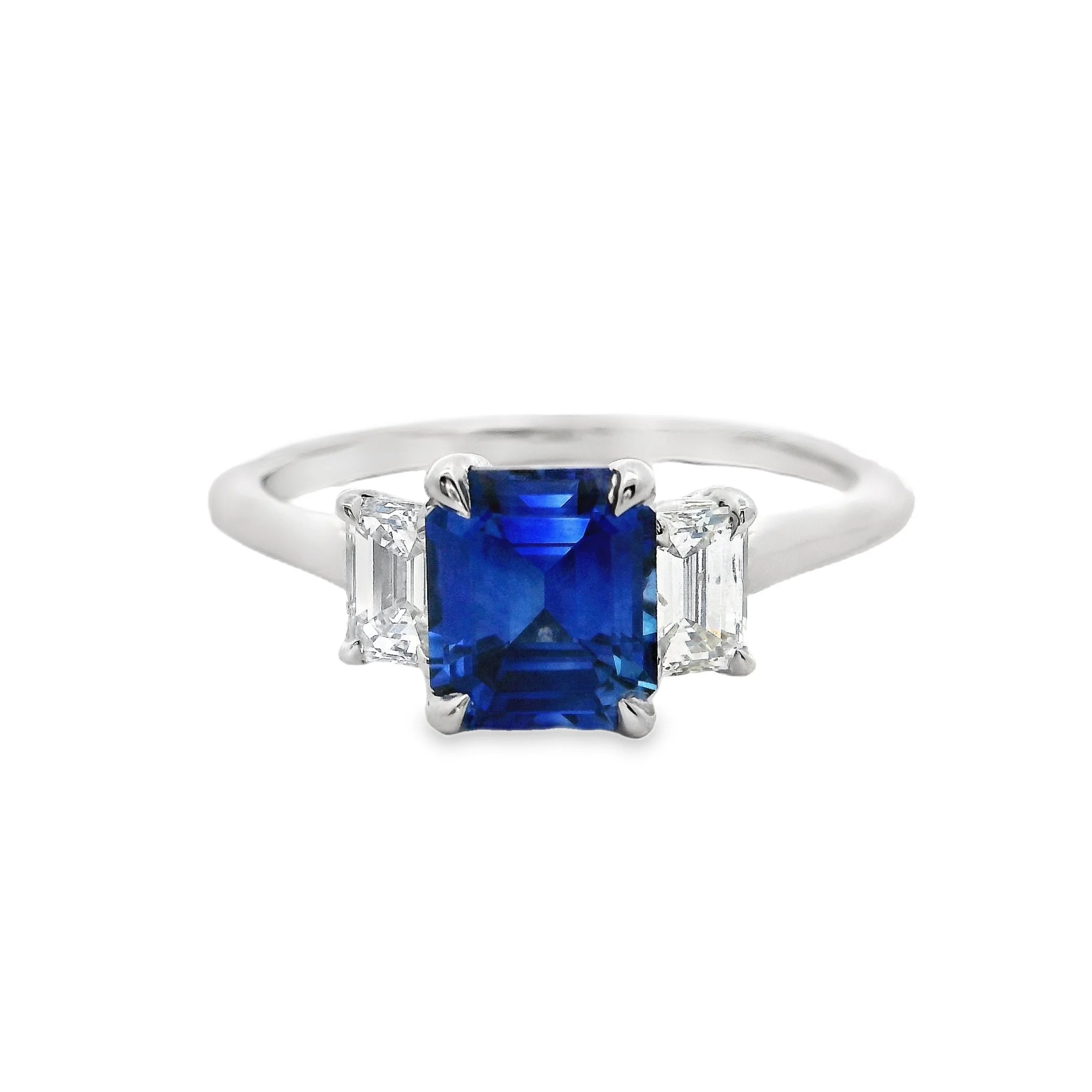 Platinum Claw Set Emerald Cut Sapphire & Diamond 3 Stone Ring
