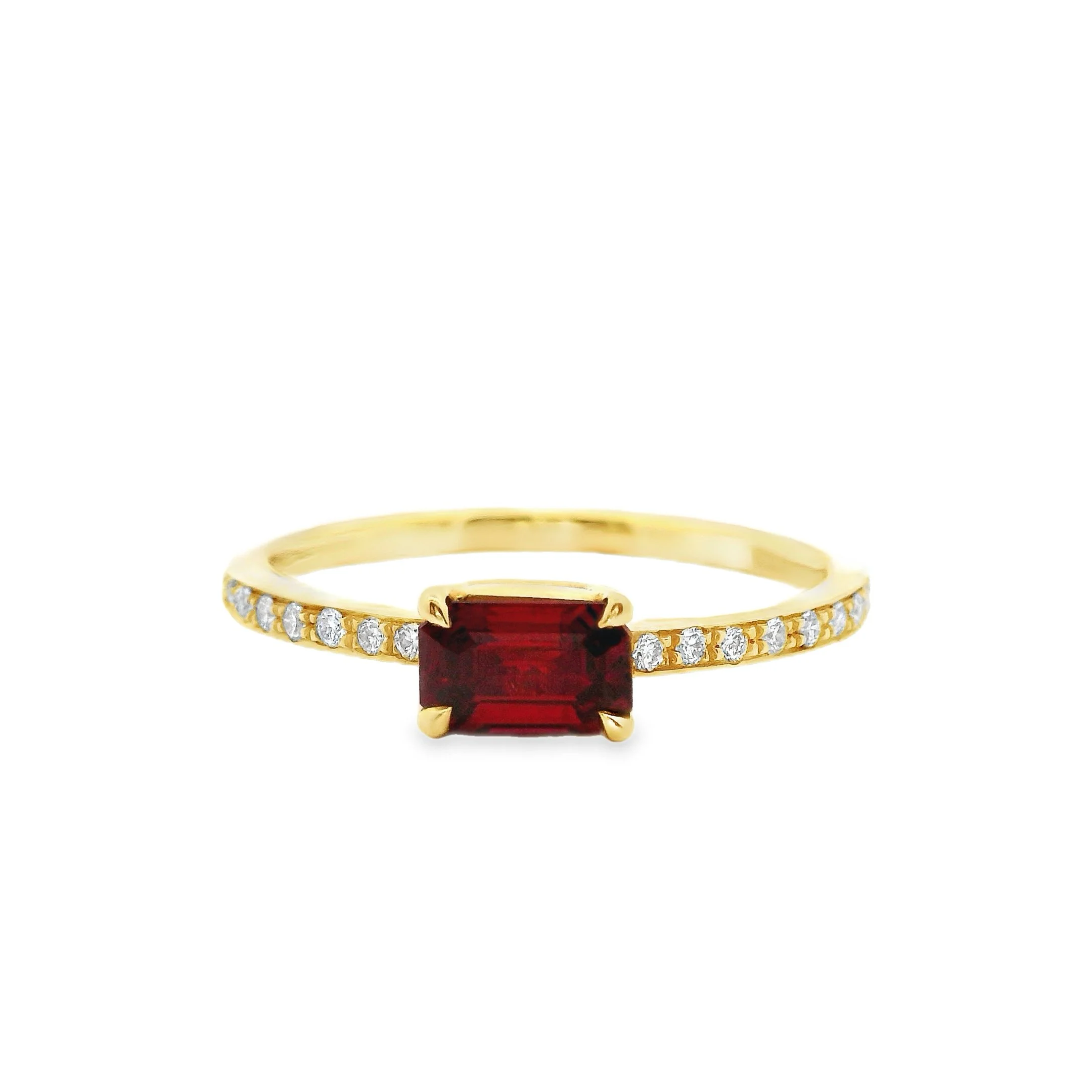 18ct Yellow Gold Claw Set East-West Emerald Cut Ruby Single Stone Ring, with Diamond Shoulders
