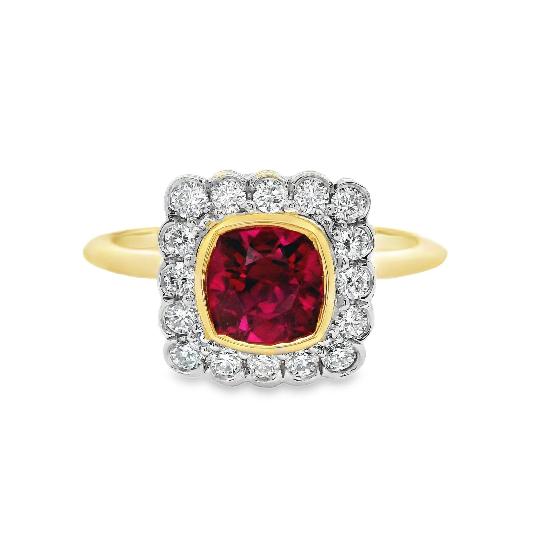 18ct Yellow Gold & Platinum Bezel Set Cushion Ruby & Diamond Cluster Ring