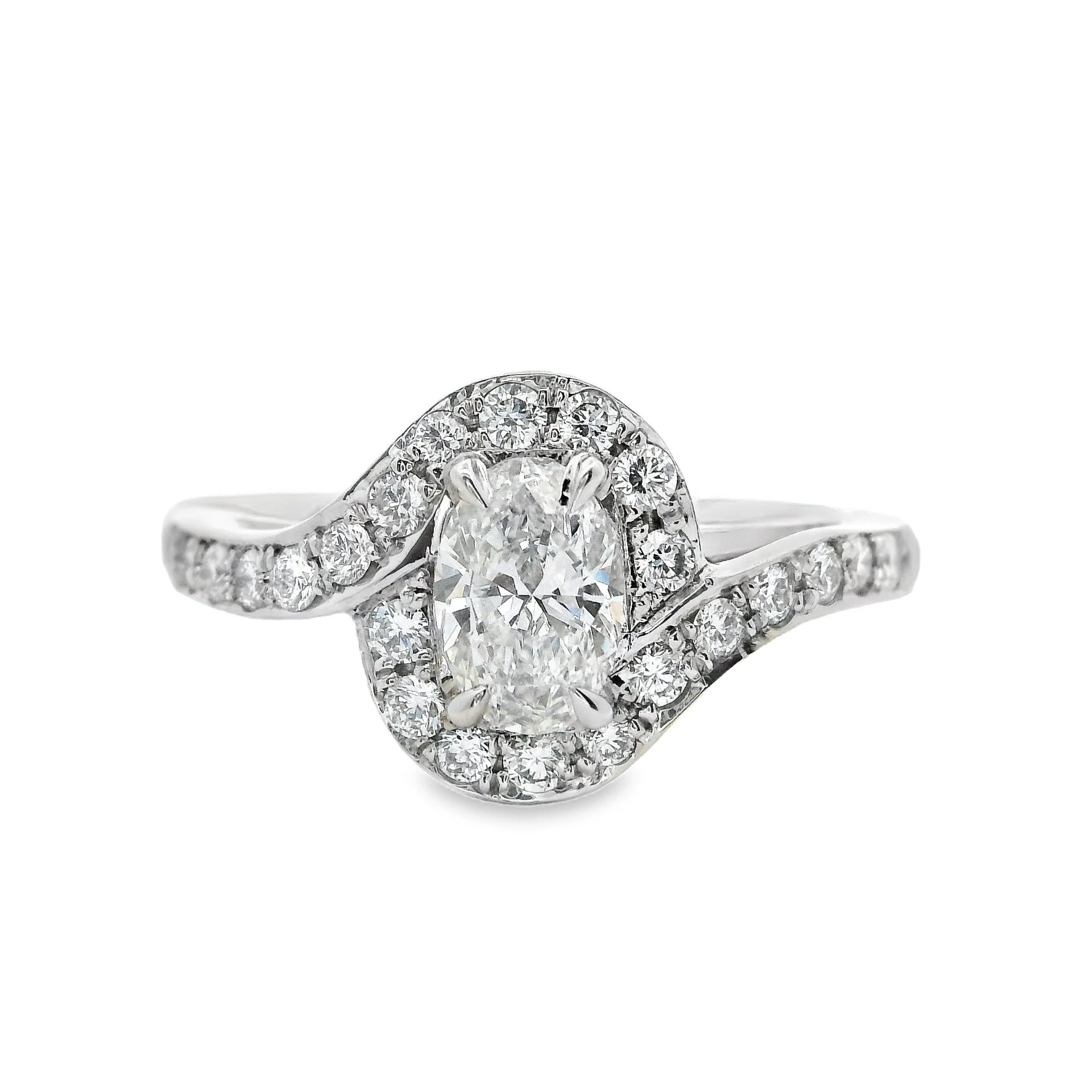 Platinum Claw Set Oval Diamond Halo Twist Ring