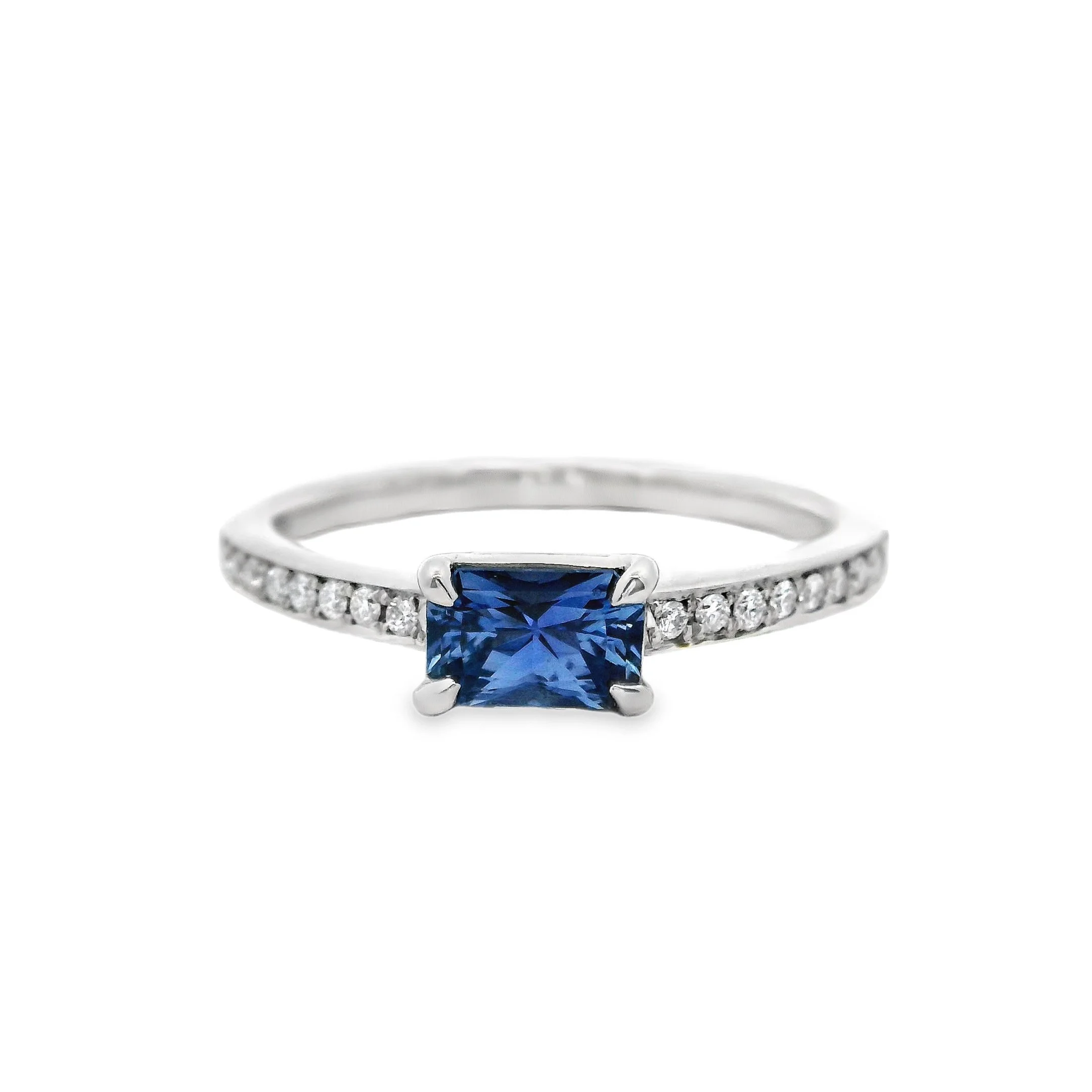 Platinum Claw Set East-West Rectangular Radiant Cut Sapphire Single Stone Ring, with Diamond Shoulders