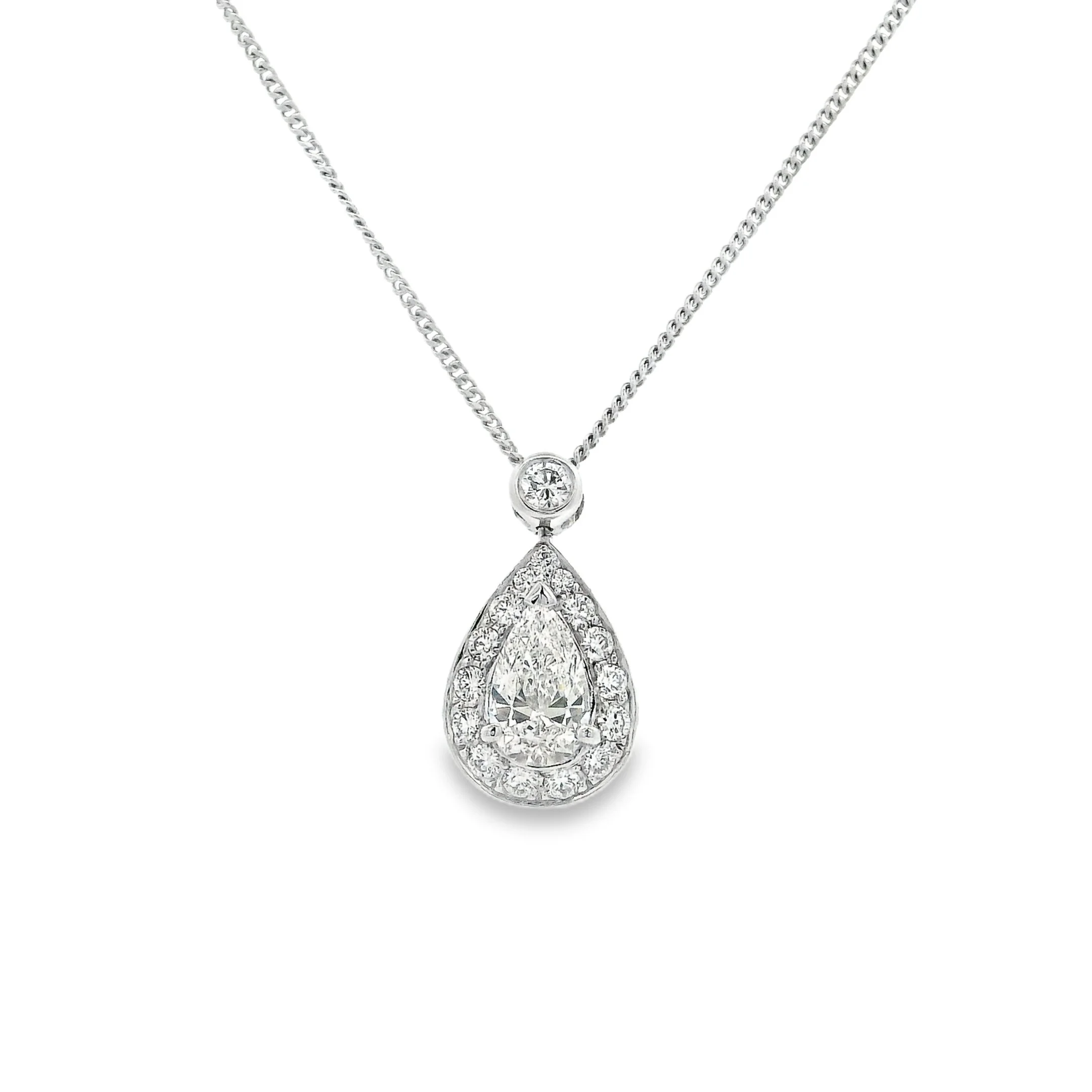 18ct White Gold Claw Set Pear Shape Diamond Halo Pendant