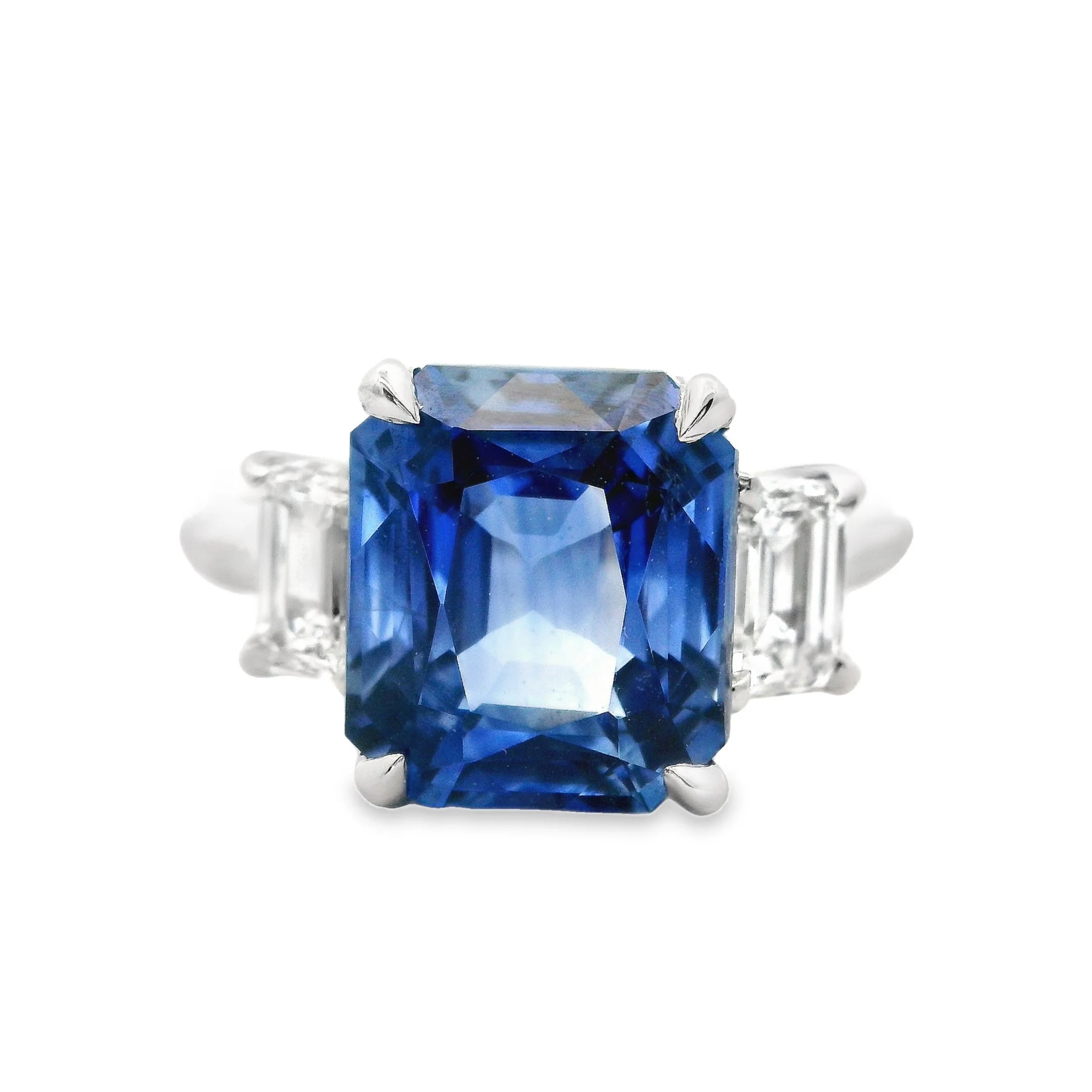 Platinum Claw Set Emerald Cut Sapphire & Diamond 3 Stone Ring
