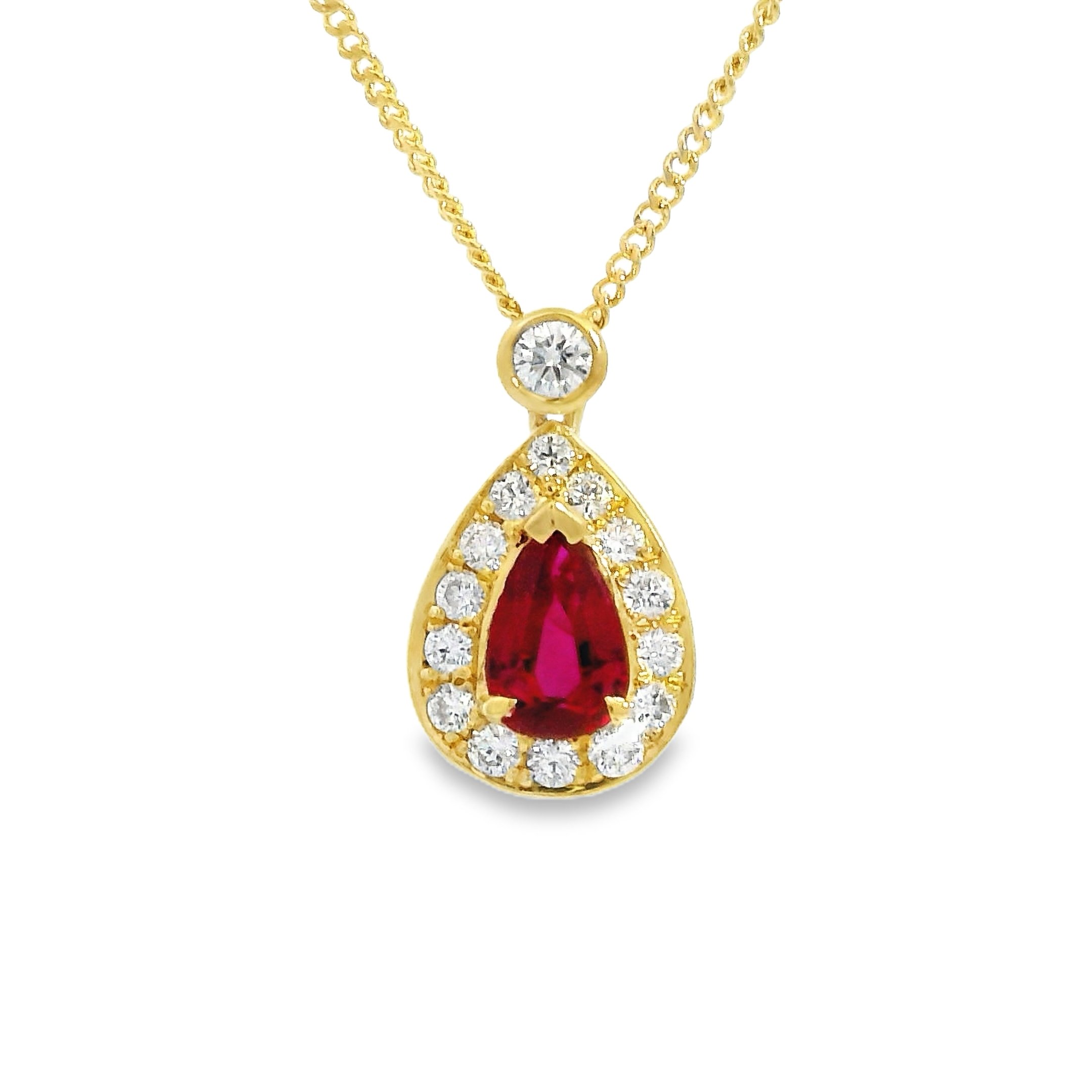 18ct Yellow Gold Claw Set Pear Shape Ruby & Diamond Halo Pendant