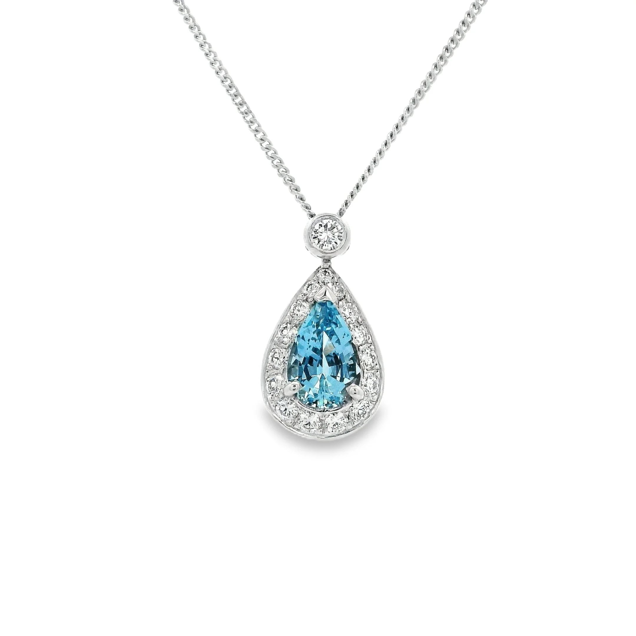 18ct White Gold Claw Set Pear Shape Aquamarine & Diamond Halo Pendant