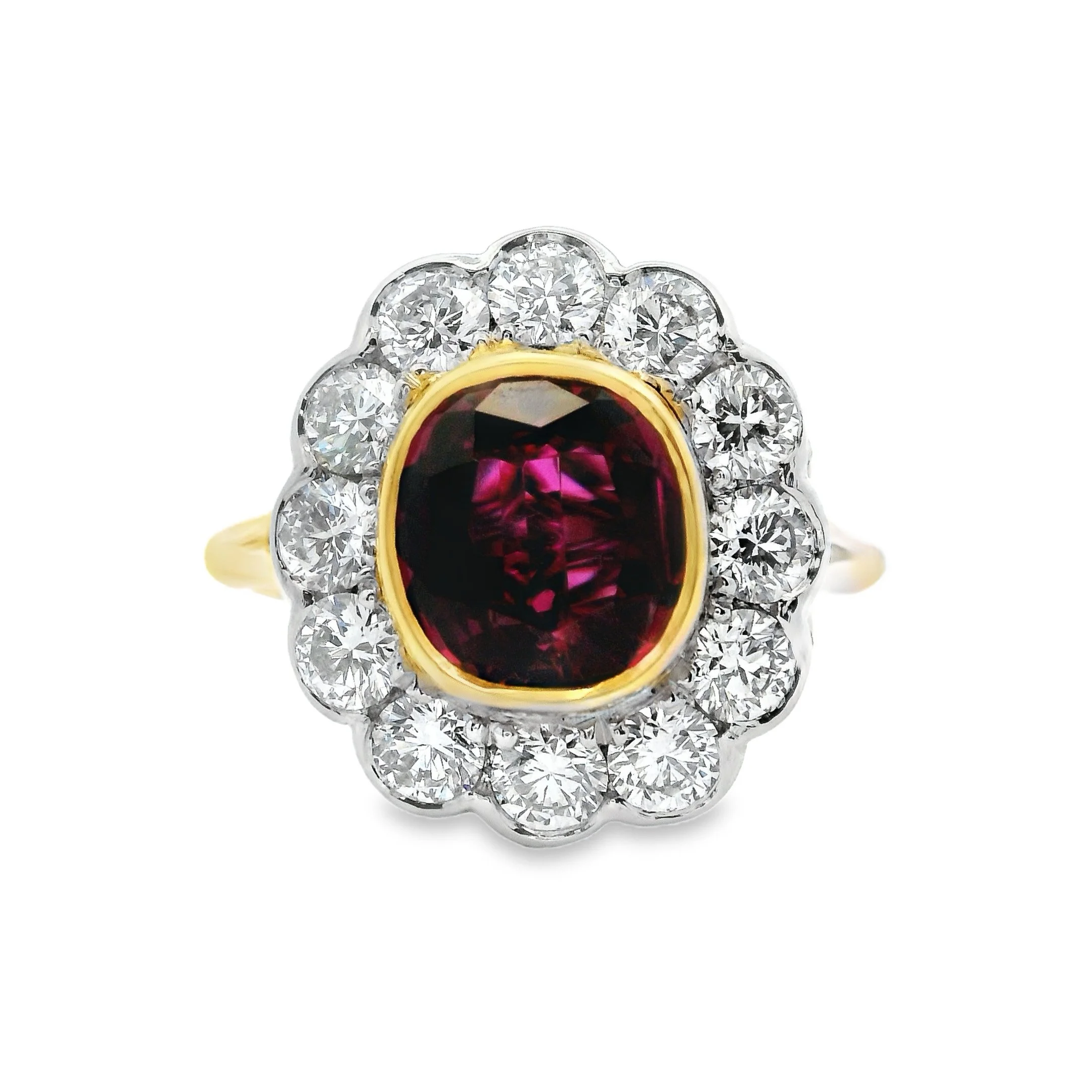 18ct Yellow Gold & Platinum Bezel Set Oval No Heat Ruby & Diamond Cluster Ring