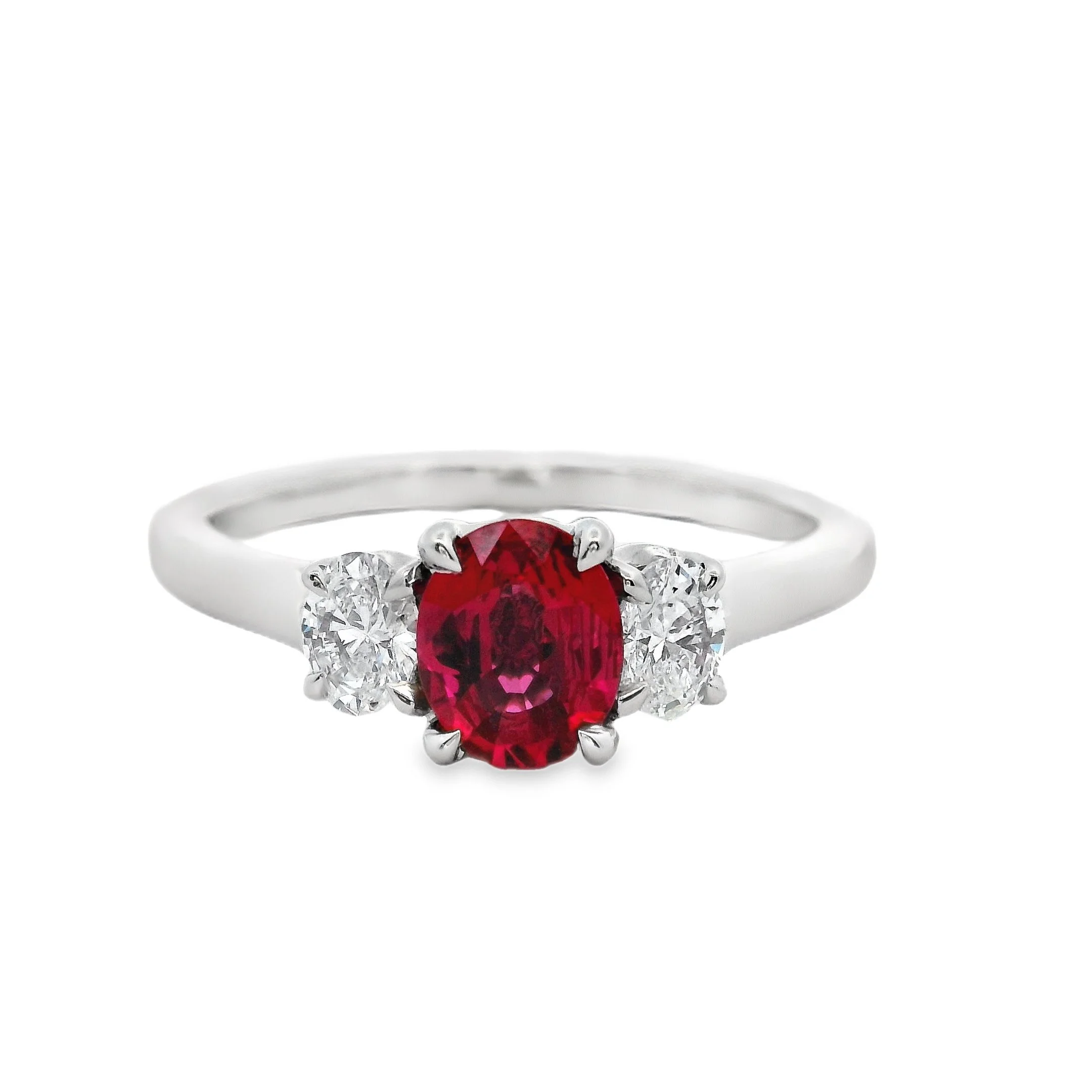 Platinum Claw Set Oval Ruby & Diamond 3 Stone Ring